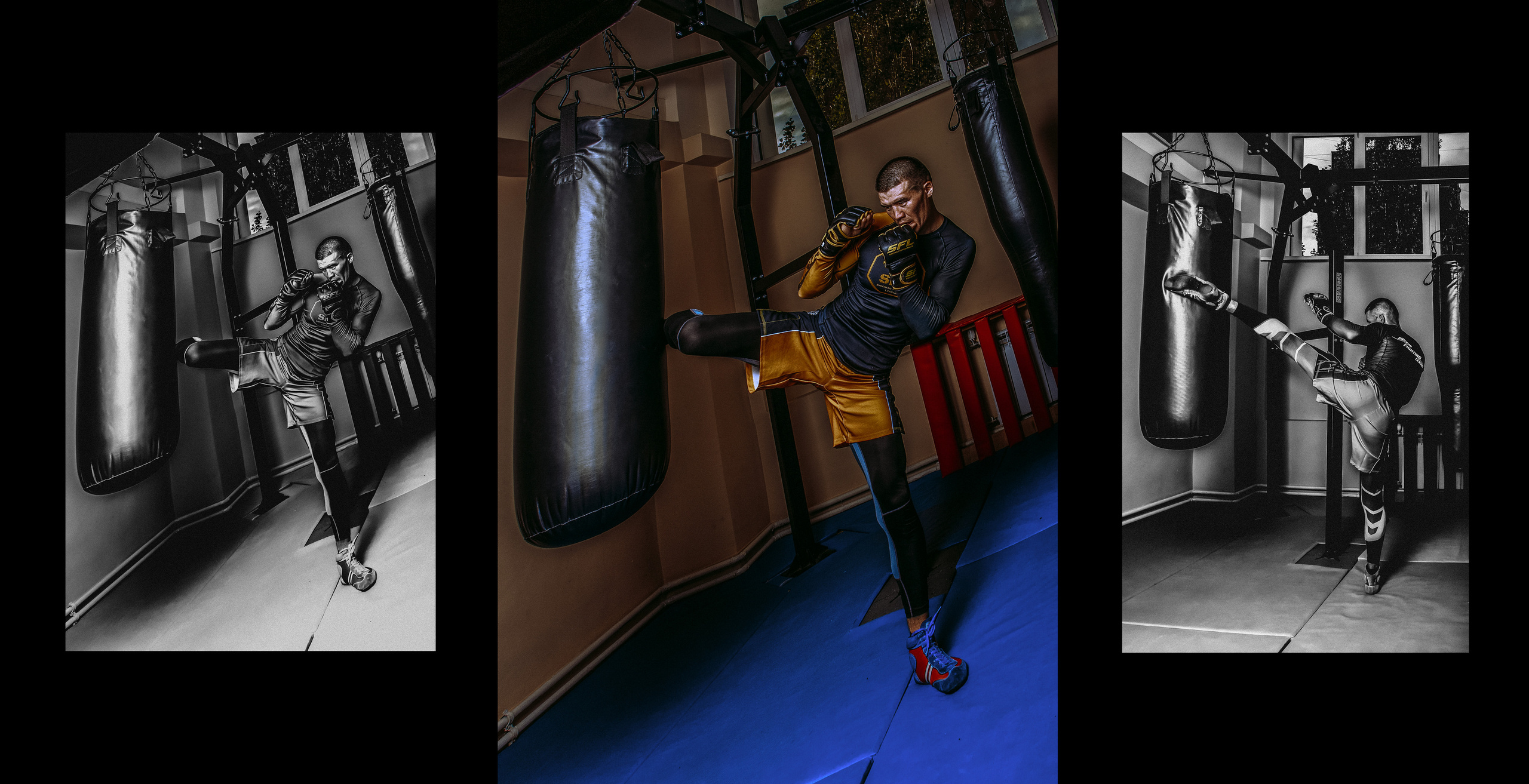 Чемпион Степан Кобенов тренируется в зале и бьет грушу мешок ногой.