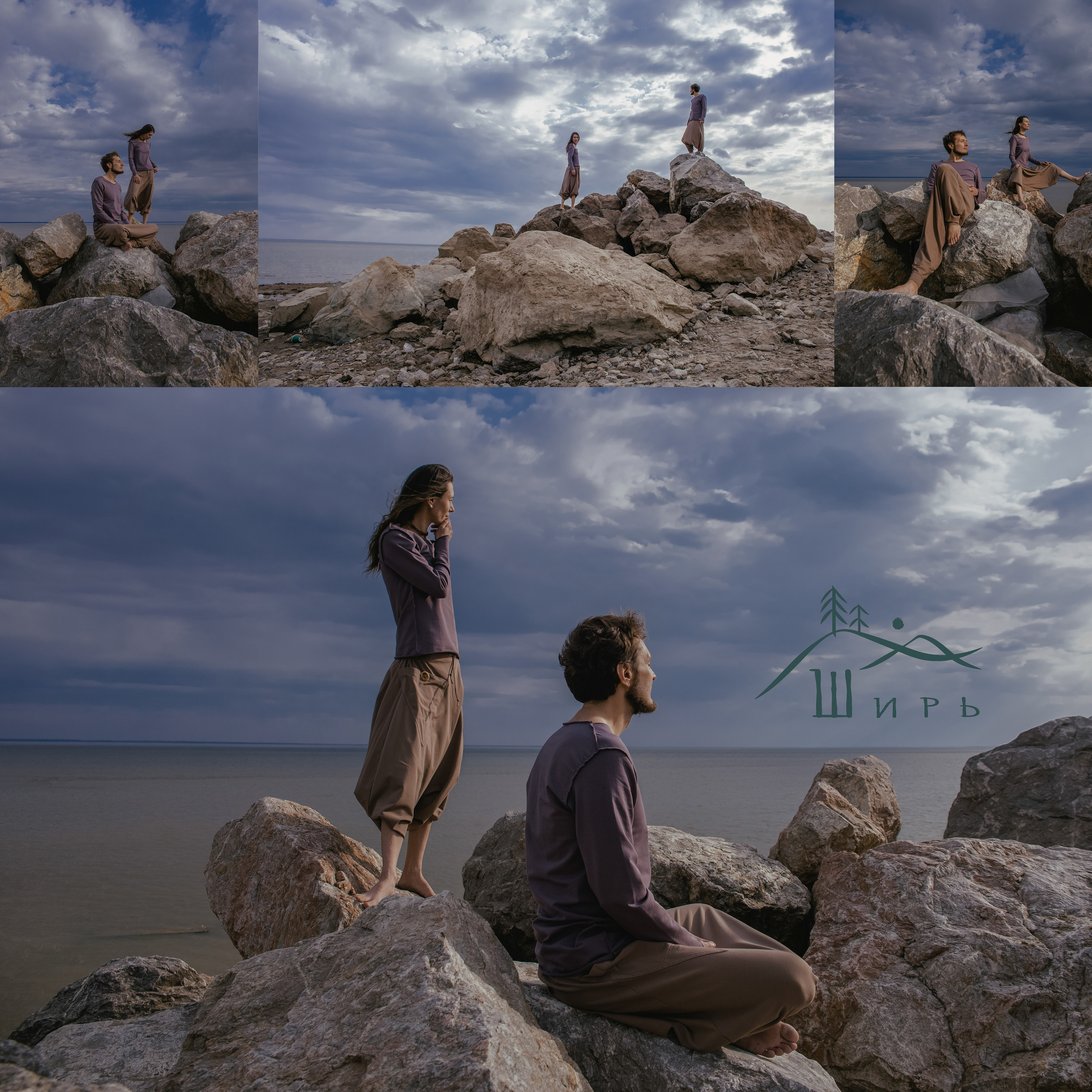 Фотосессия пары в одинаковой одежде на берегу и камнях у воды.