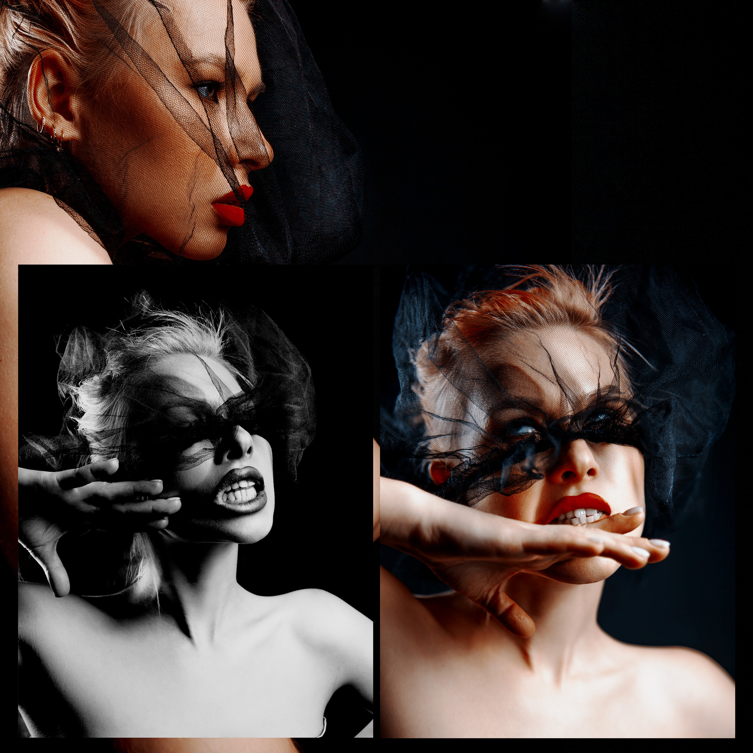 Девушка блондинка в черной вуали размазывает по лицу красную помаду и кусает руку.
