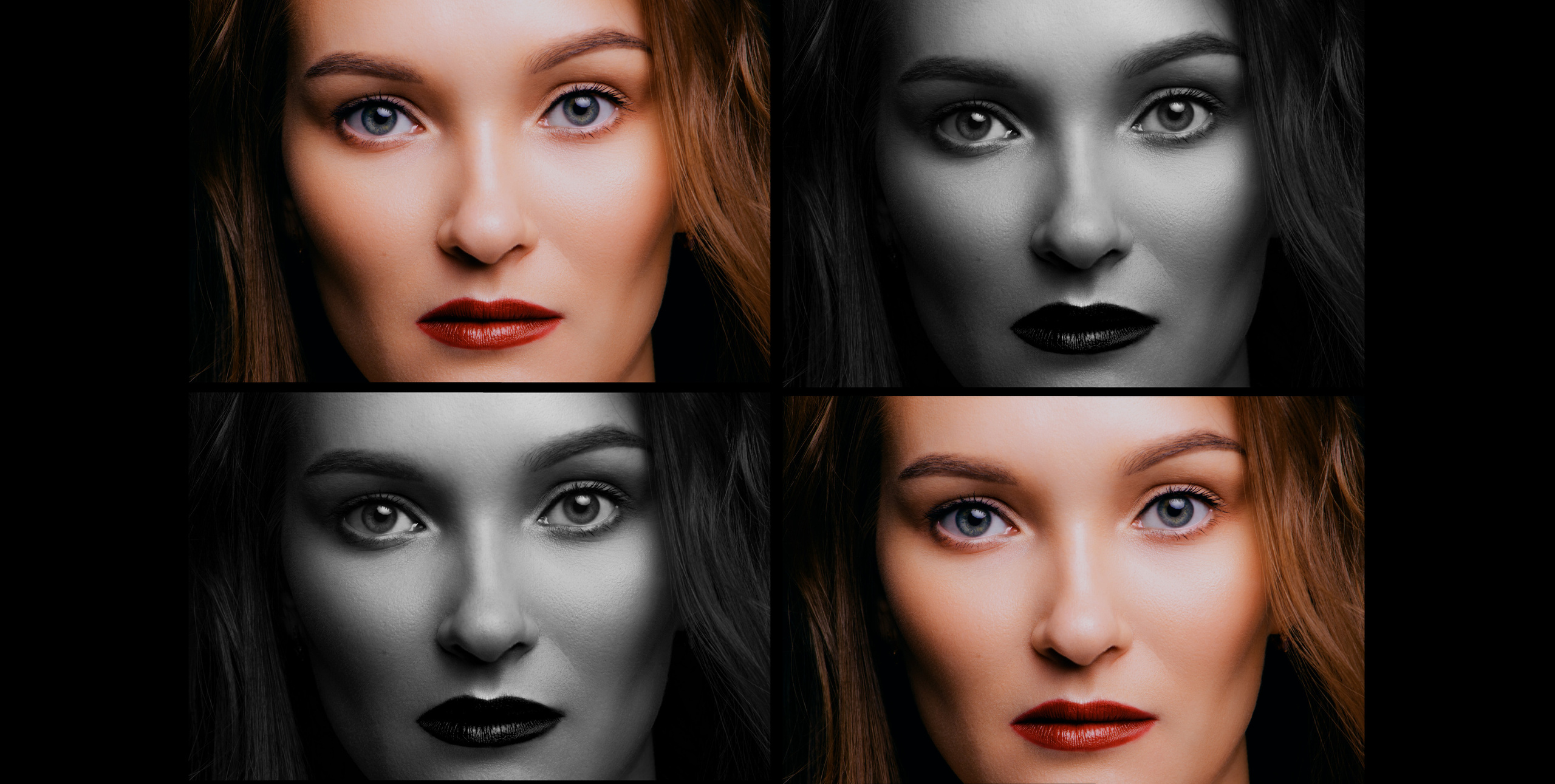 Крупный бьюти портрет девушки с яркой бордовой помадой.