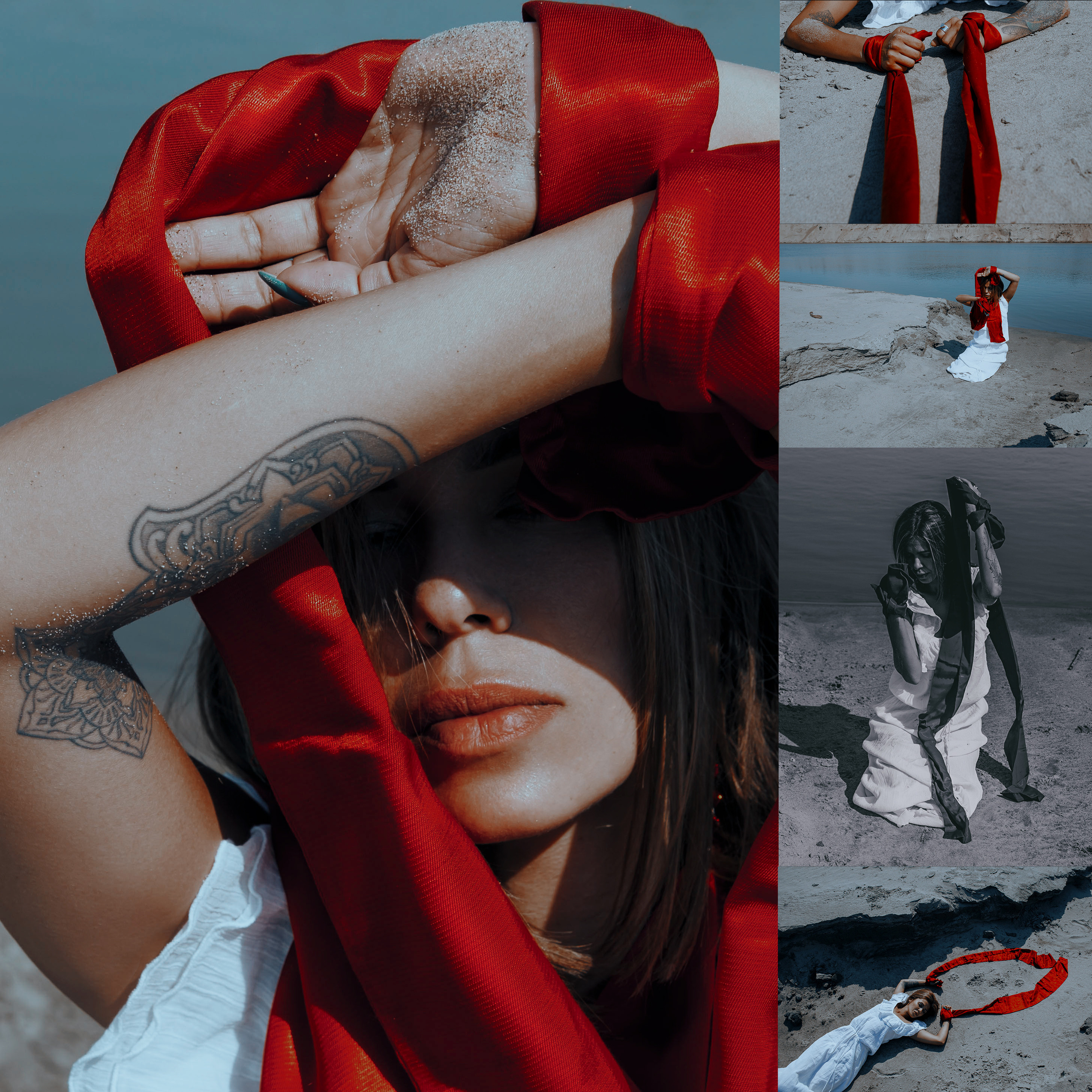 Девушка с татуировками и красными лентами в руках.