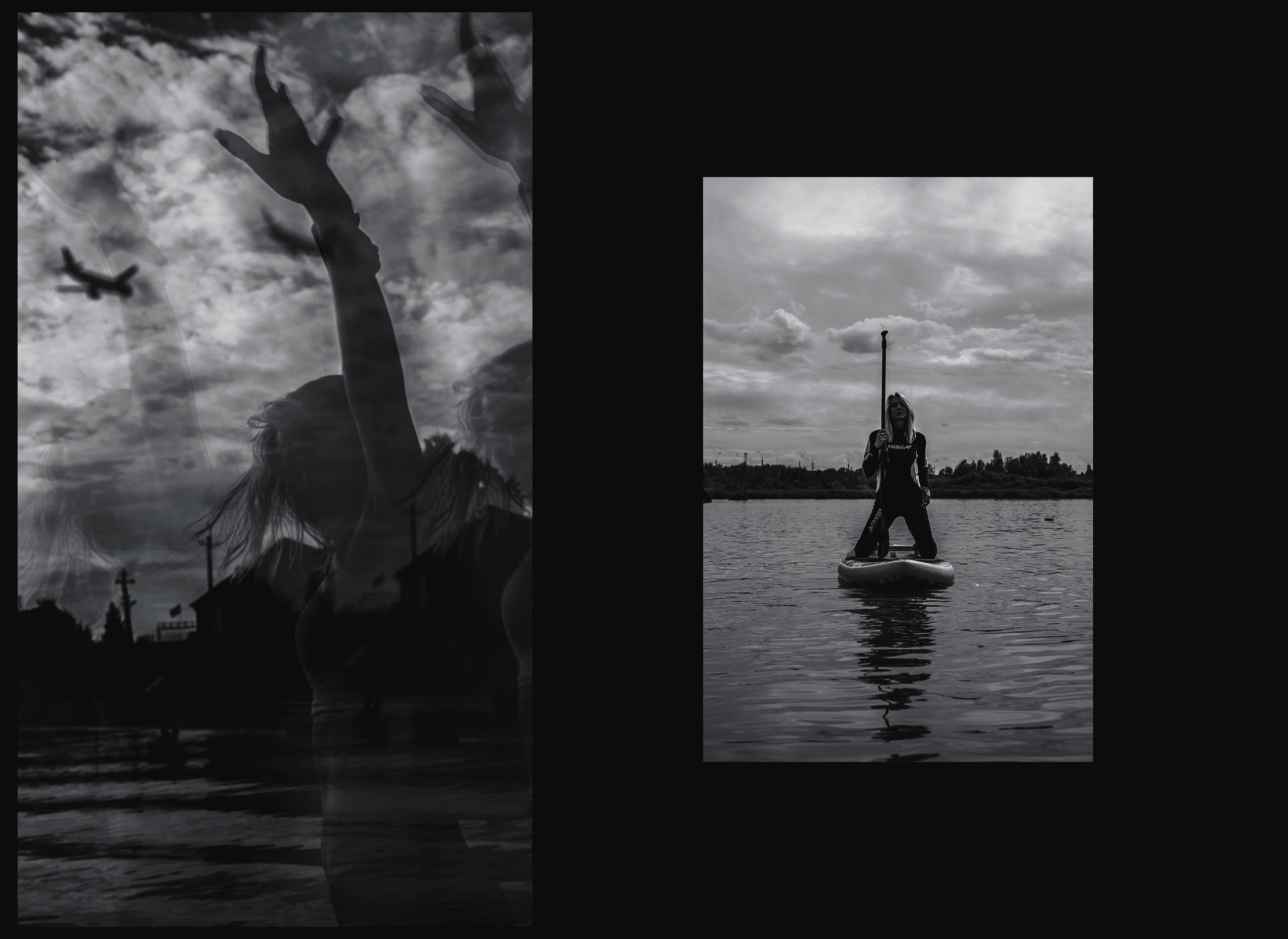 Черно-белое фото силуэта девушки на фоне неба и самолета, девушка в море на сапе в гидрокостюме.