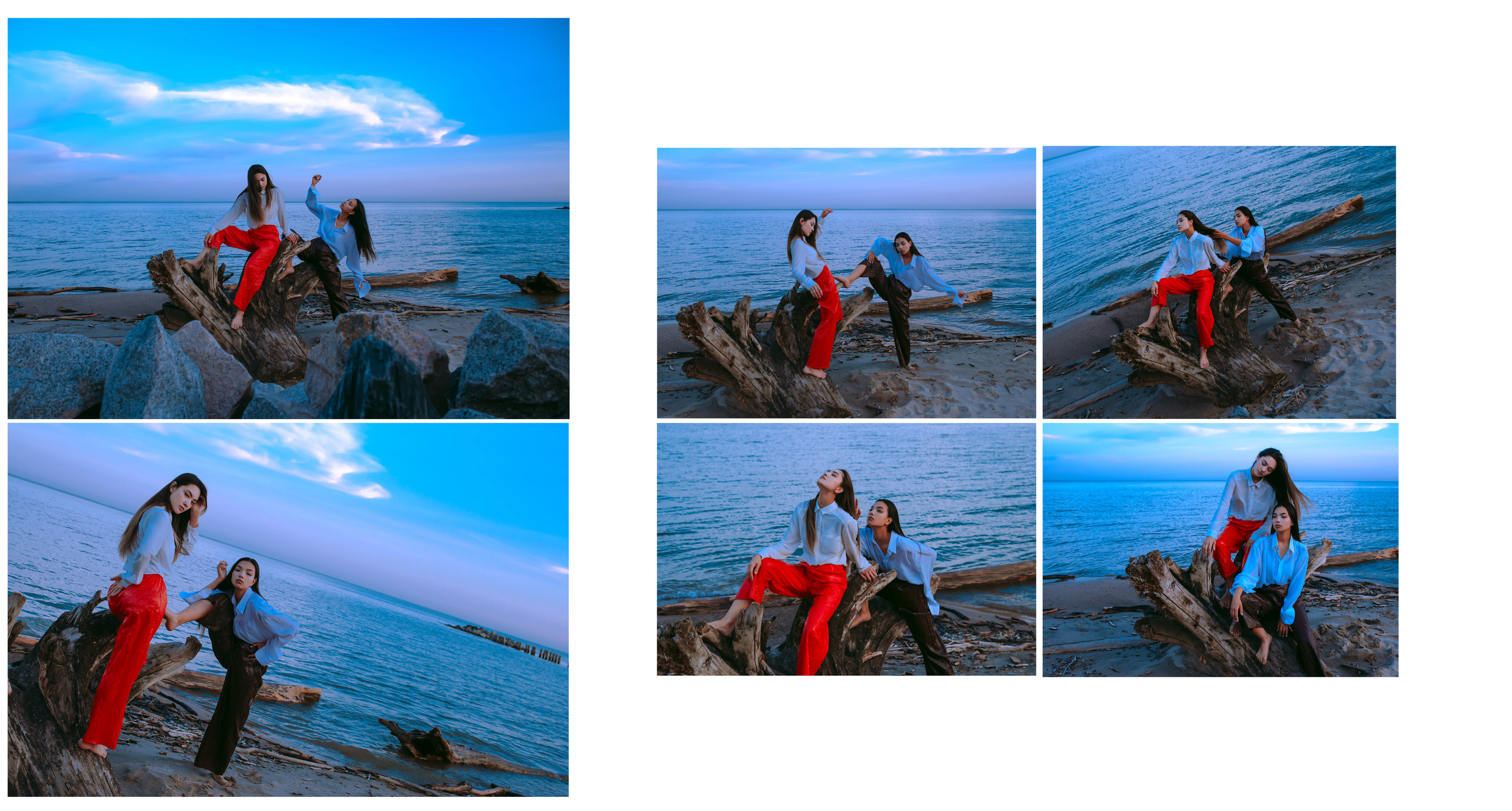 Девушка в красных штанах и девушка в белой рубашке на деревянной коряге на фоне моря.