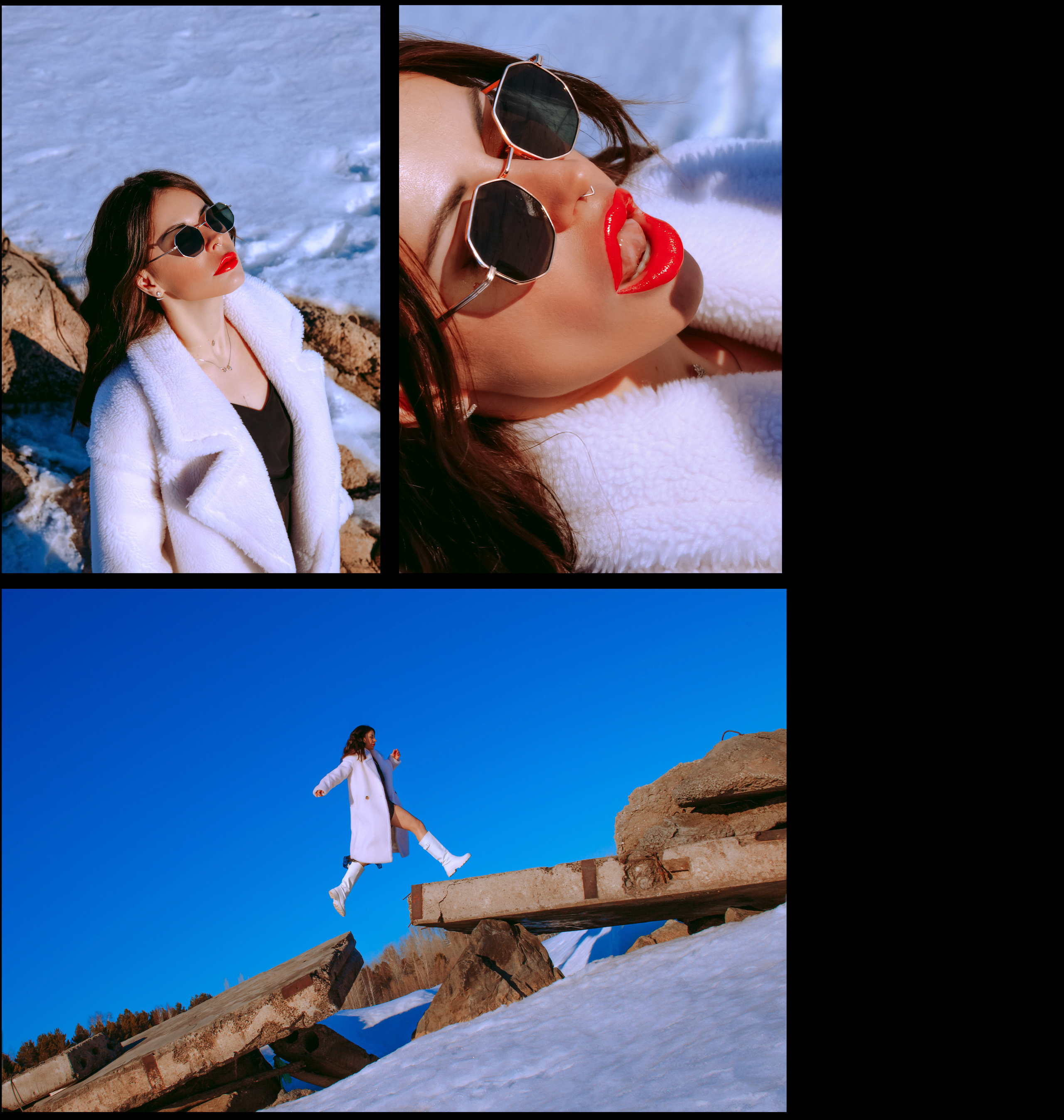 Девушка с темными волосами в белой шубе и в белых сапогах прыгает на фоне неба.