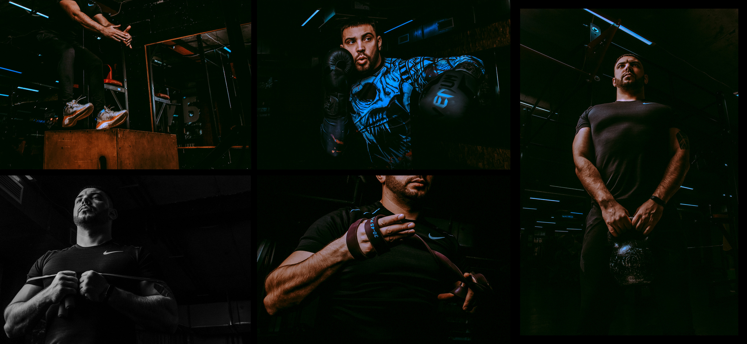 Спортсмен и судья Максим Яров боксирует и поднимает гирю в зале.