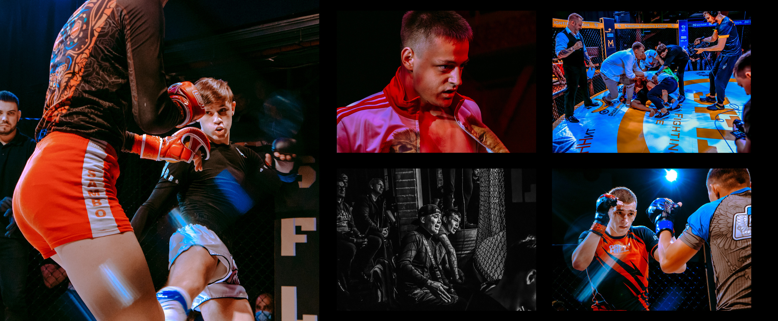 Бойцы сражаются на турнире Сибирской бойцовской лиги в октагоне в клубе Подземка.