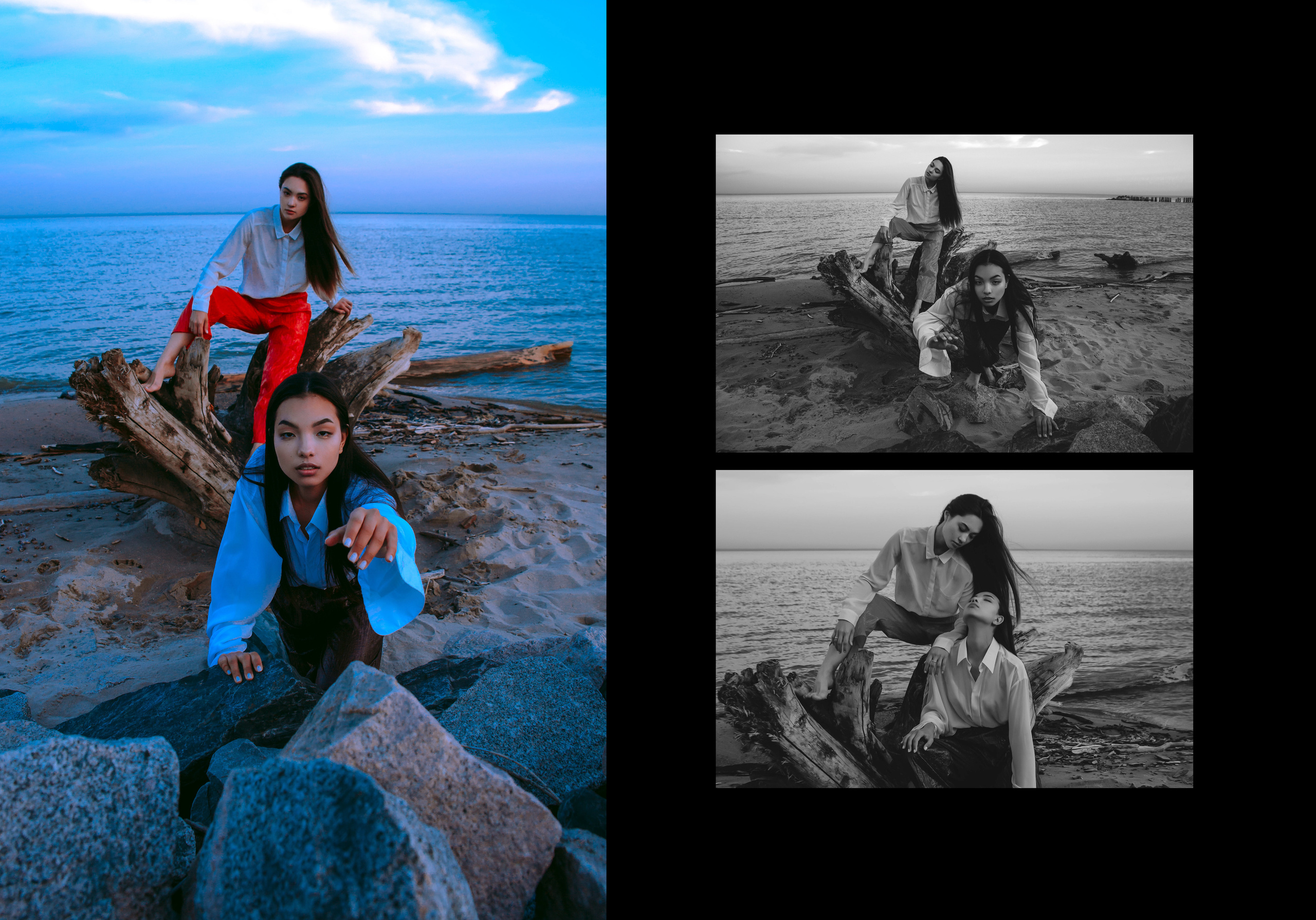 Девушка в красных штанах и девушка в белой рубашке на деревянной коряге на фоне моря.