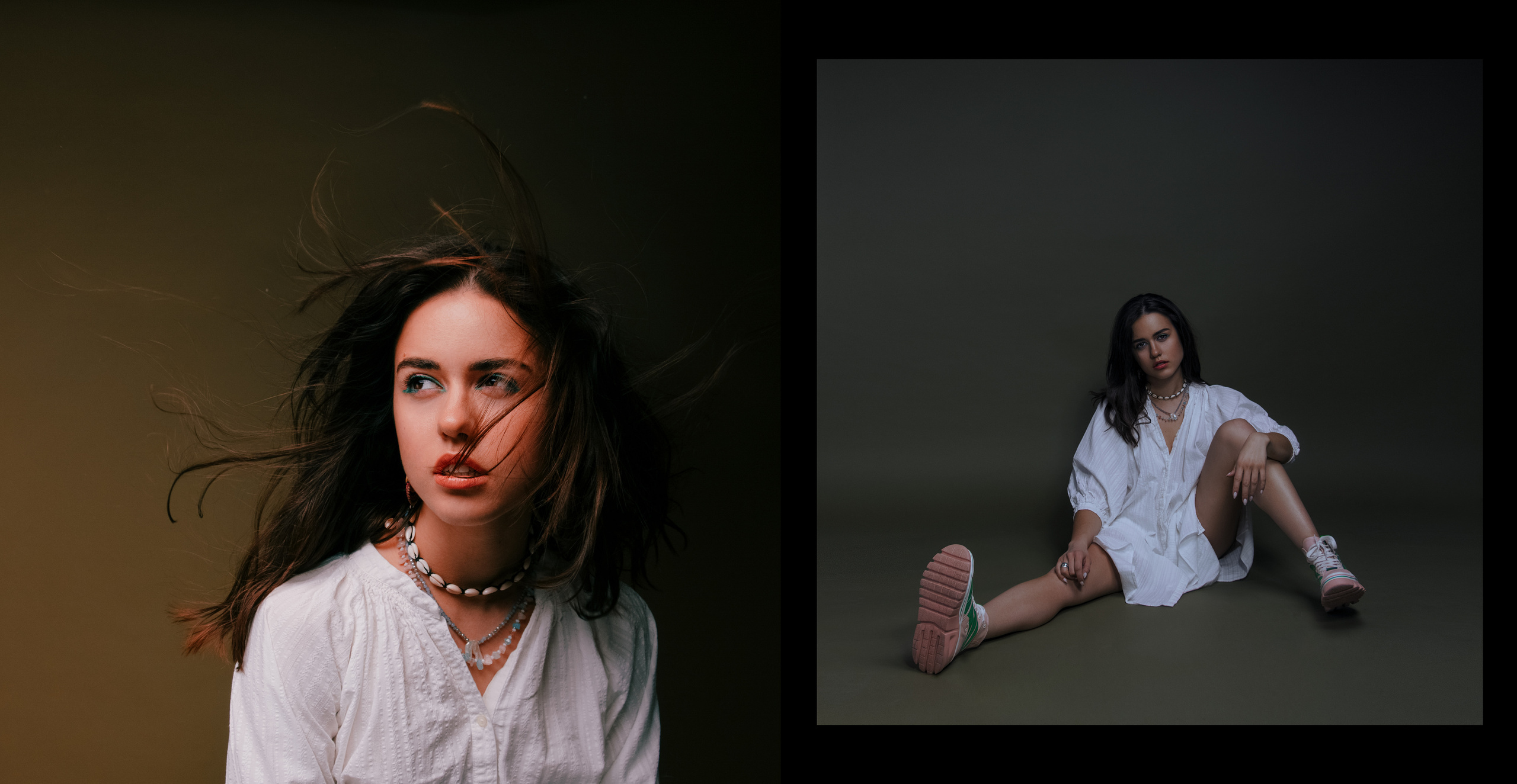 Девушка с темными волосами в белом платье-рубашке на зеленом фоне.