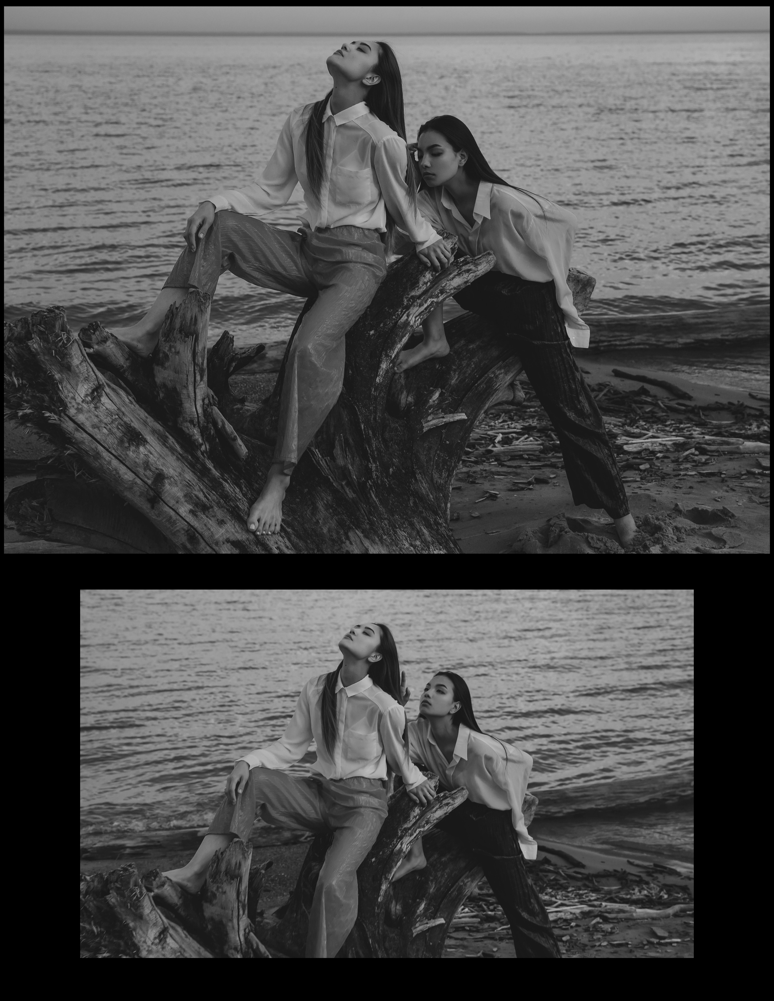 Черно-белые фэшн фото двух девушек на деревянной коряге у моря.
