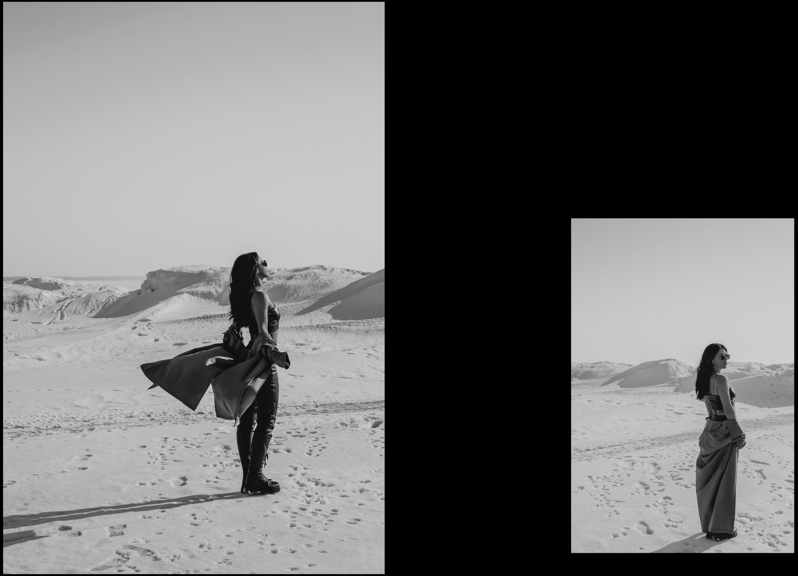 Силуэт девушки на природе на фоне снега, навстречу солнцу.