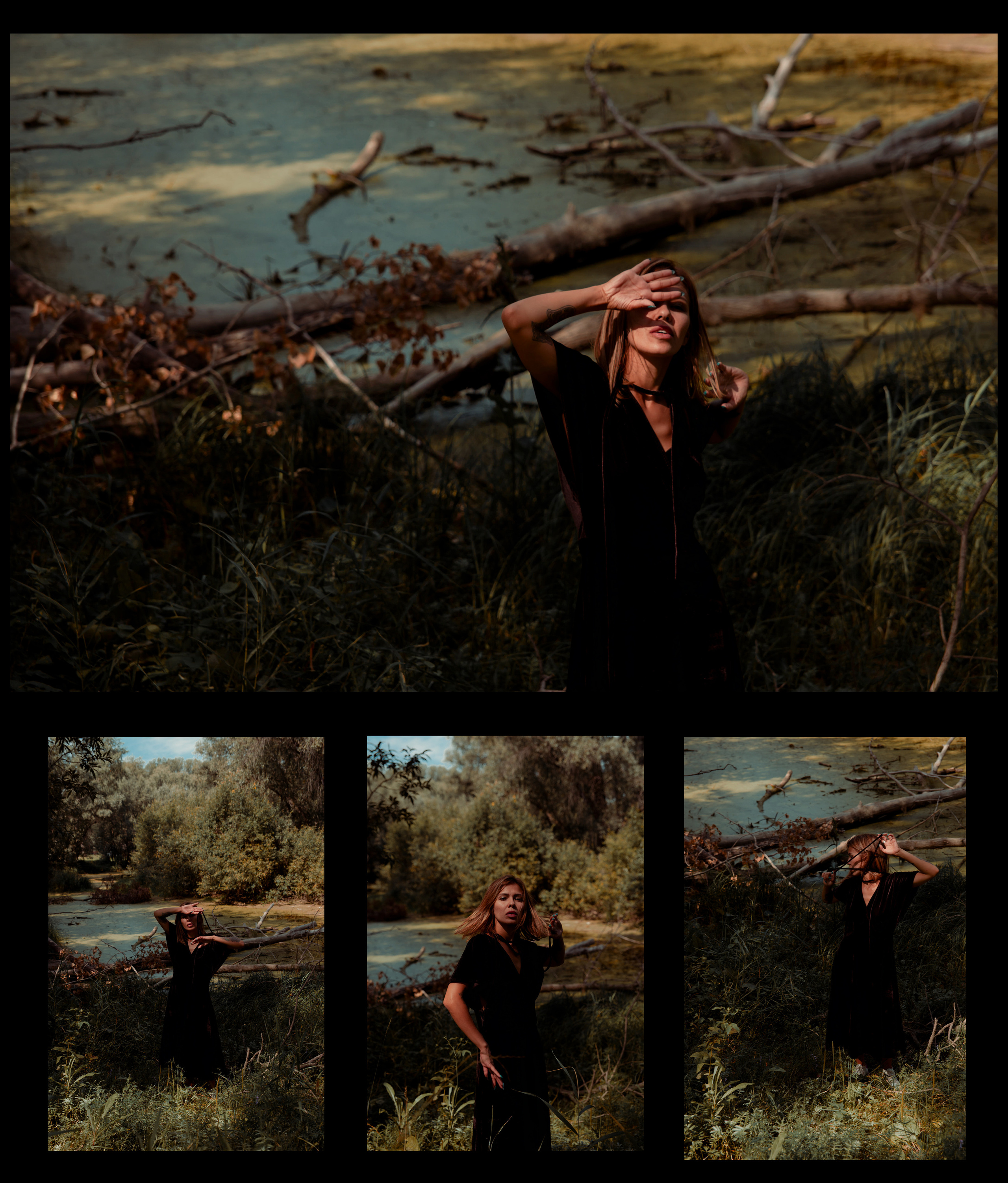 Девушка в вечернем бархатном платье стоит у болота в лесу на фоне воды.