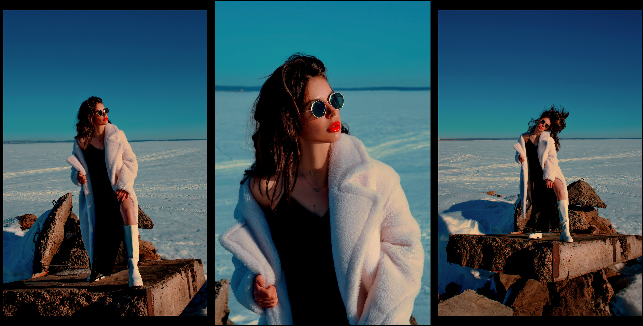 Девушка в черных очках с с красной помадой и в белой шубе позирует на замерзшей реке.