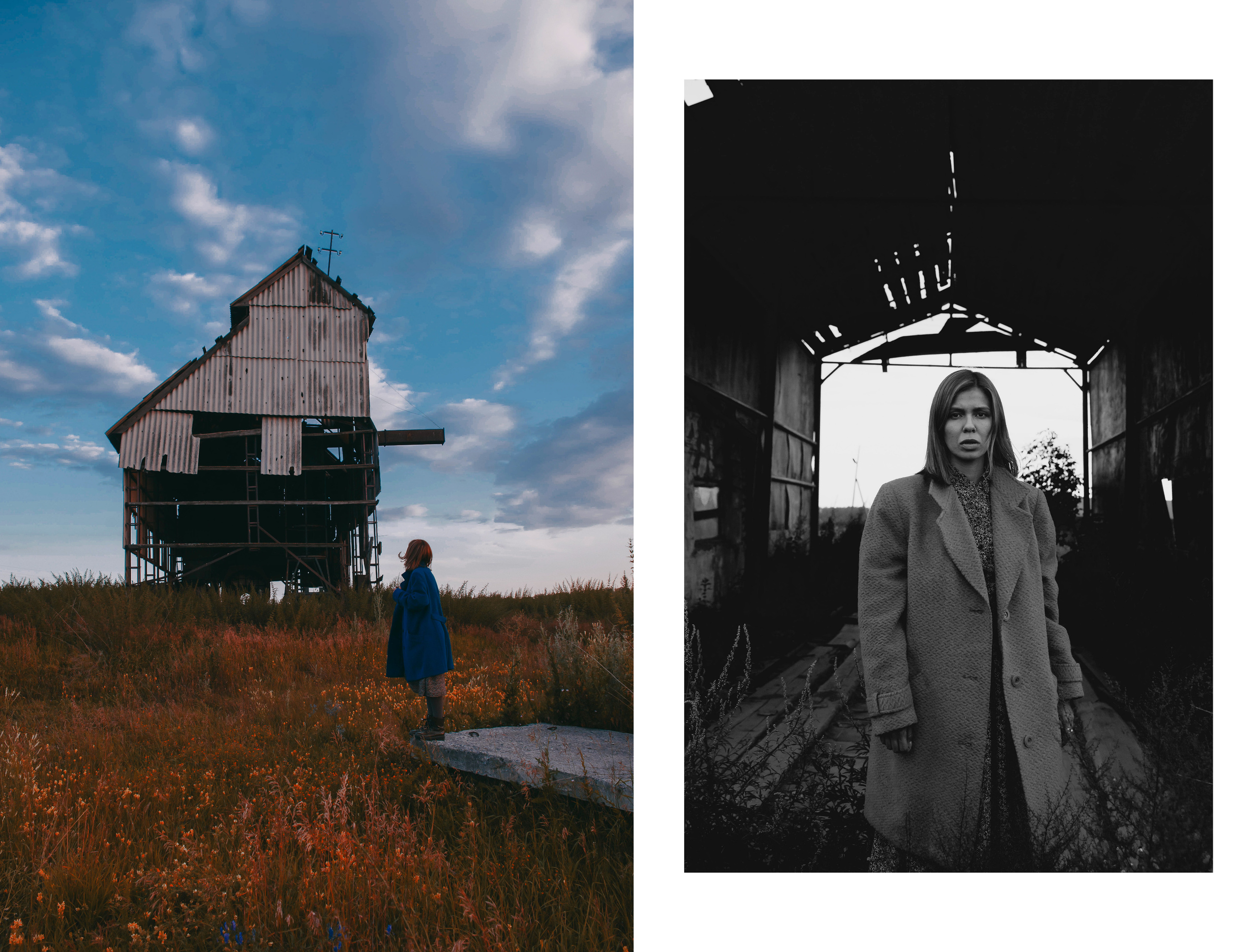 Девушка в синем пальто в заброшенном здании осенью.