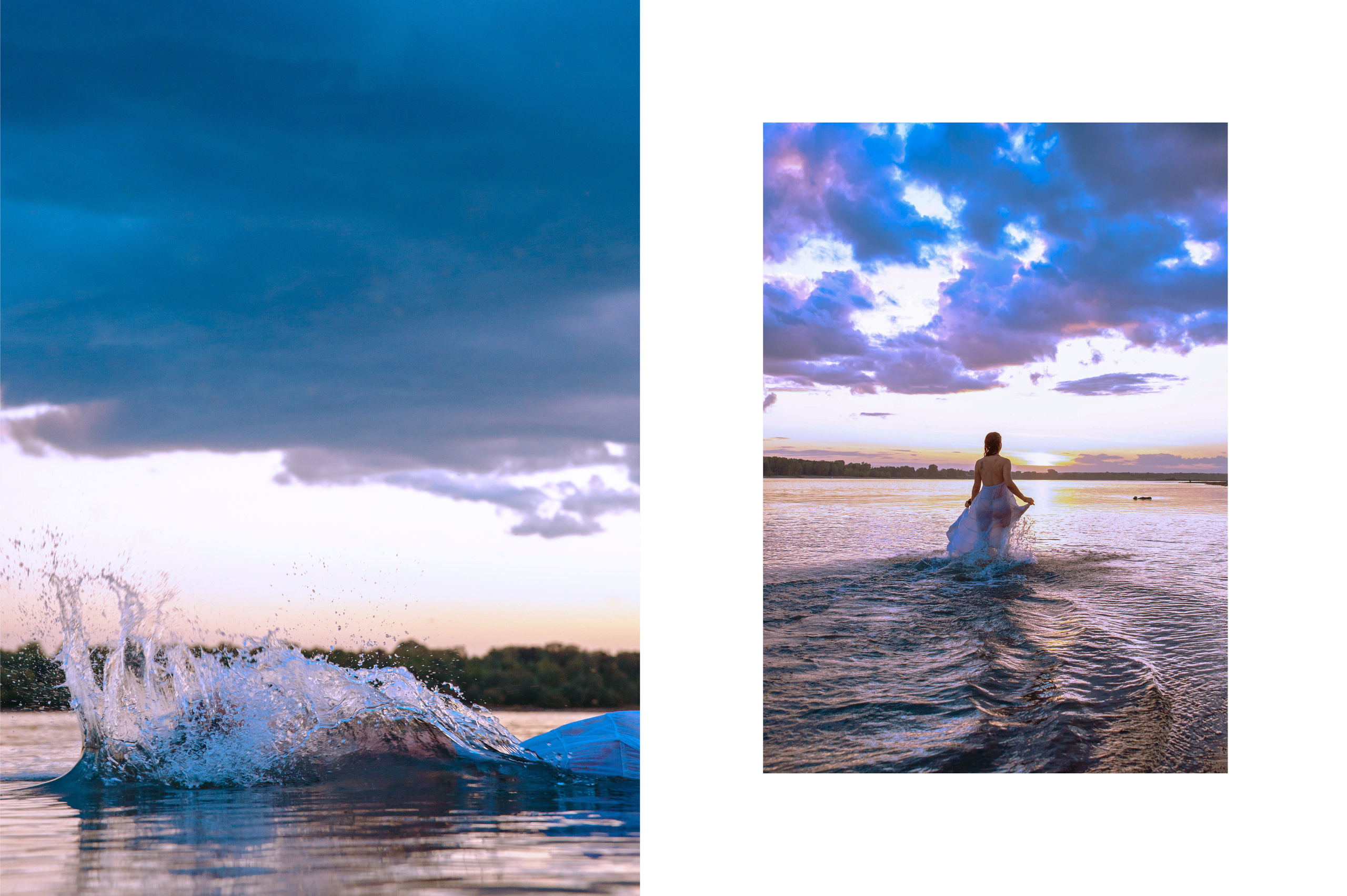 Девушка в прозрачном белом платье бежит по воде с брызгами на закате, падает в воду.