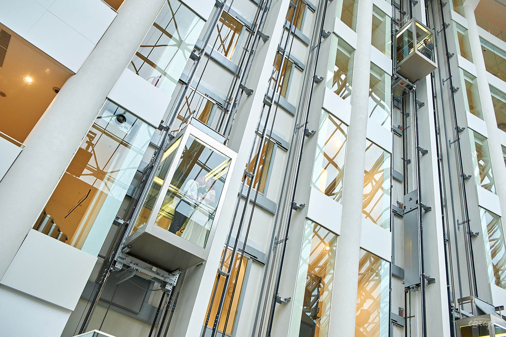 жених и невеста целуются в лифте поднимаясь вверх