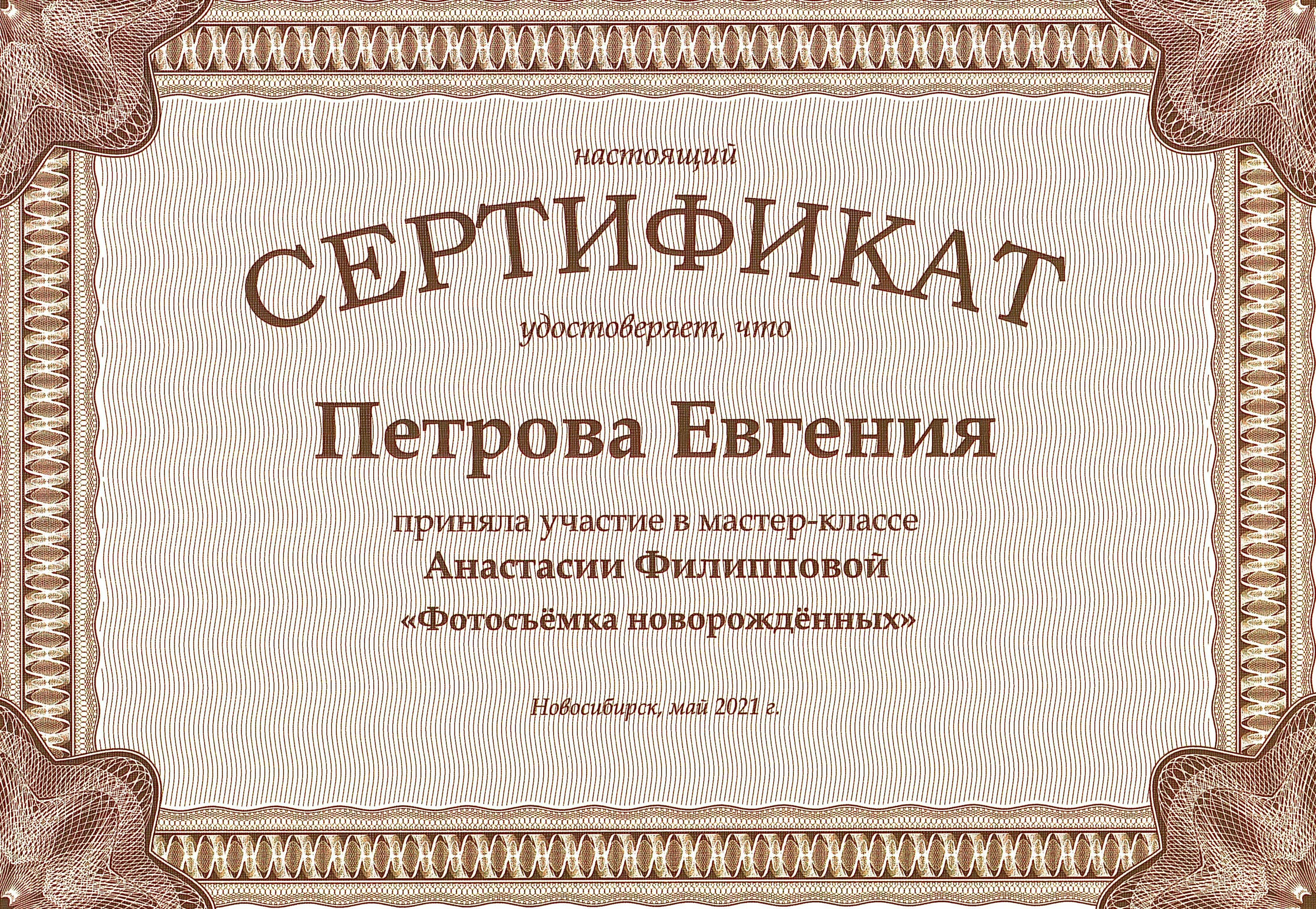 Сертификат об обучении у Анастасии Филипповой, 2021г.