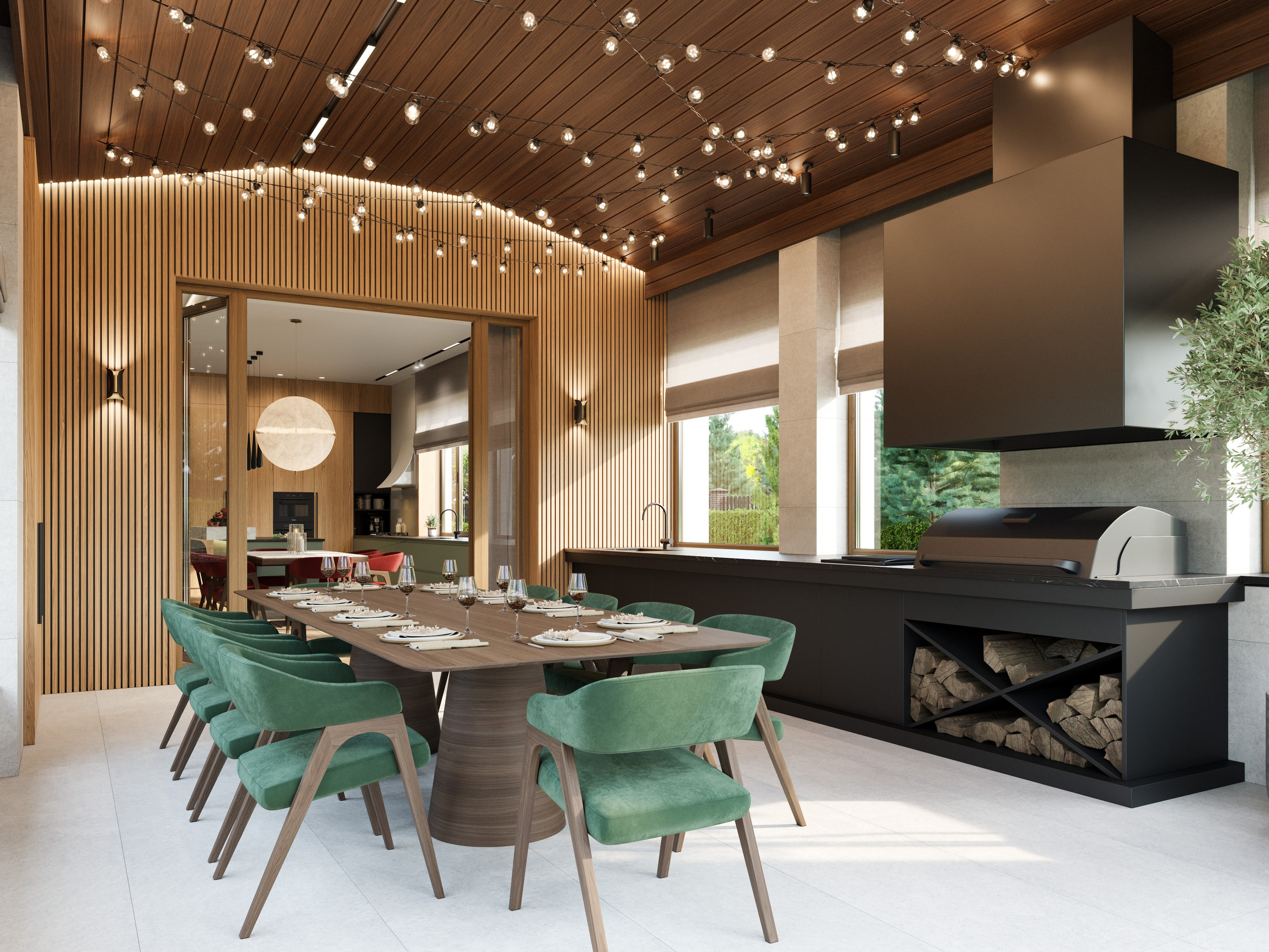 Летняя кухня на веранде с встроенным грилем и мойкой - 3D рендер