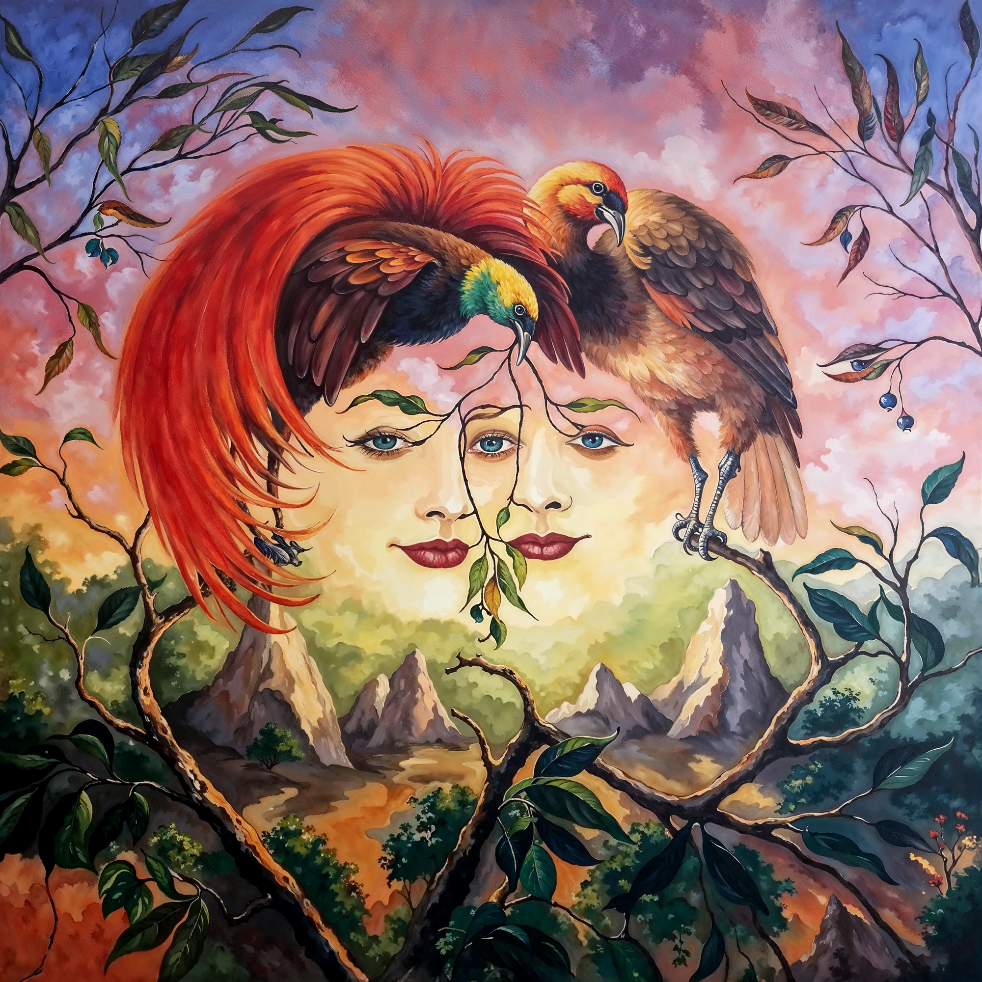 Птицы и лица, объединённые ветвями и перьями — композиция в духе Artush Voskanyan