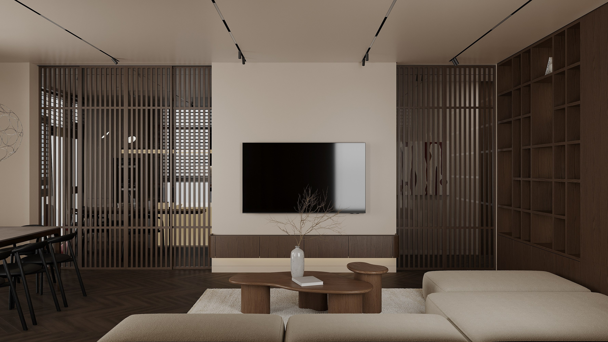 Раздвижные перегородки в гостиной для разграничения пространства в современном и лаконичном стиле   Sliding partitions in the living room to delimit space in a modern and laconic style