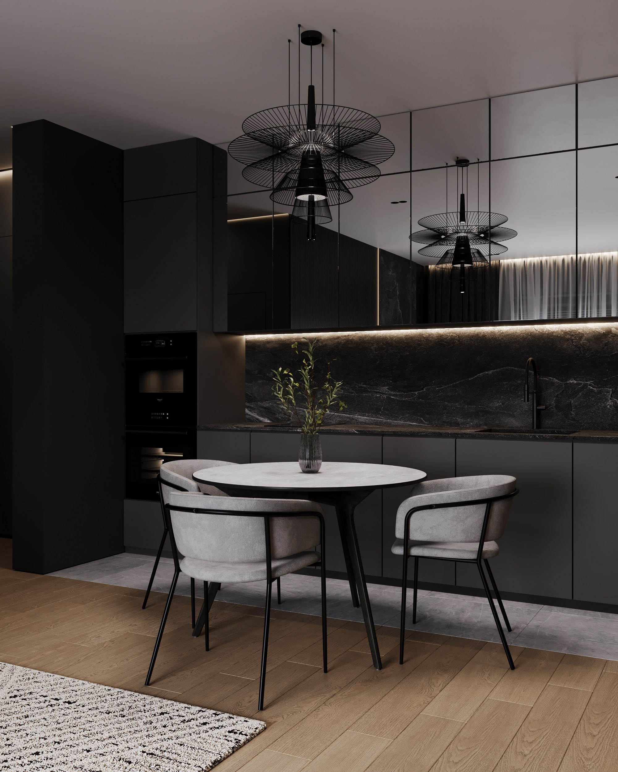 Темные идеи освещения: В этом интерьере используется лофтовый светильник, который задаёт изюминку всему интерьеру. Это помогает выделить темные элементы интерьера и создает уютное пространство для отдыха. 