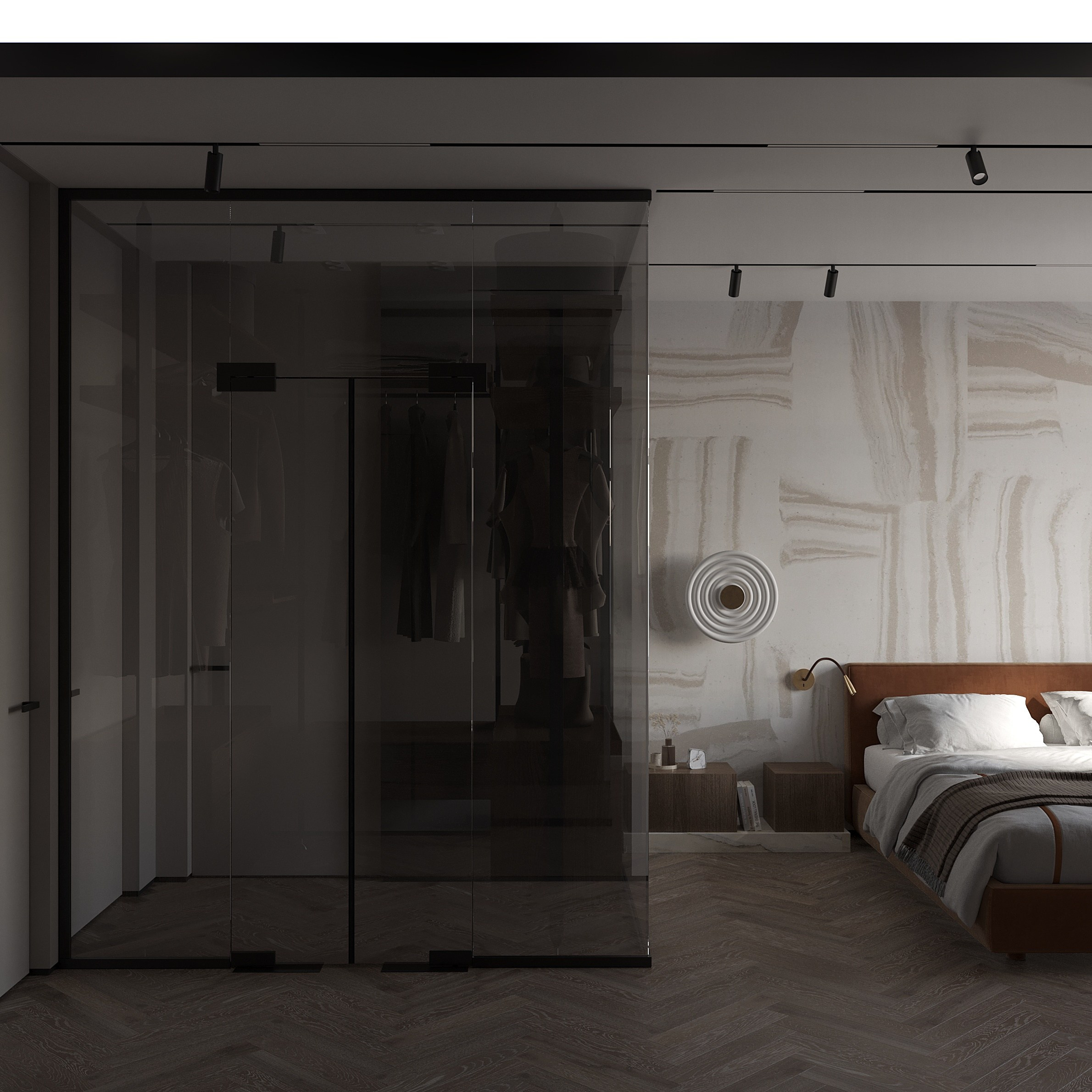 личная гардеробная в спальне из тонированного стекла  и металла пропускает свет 