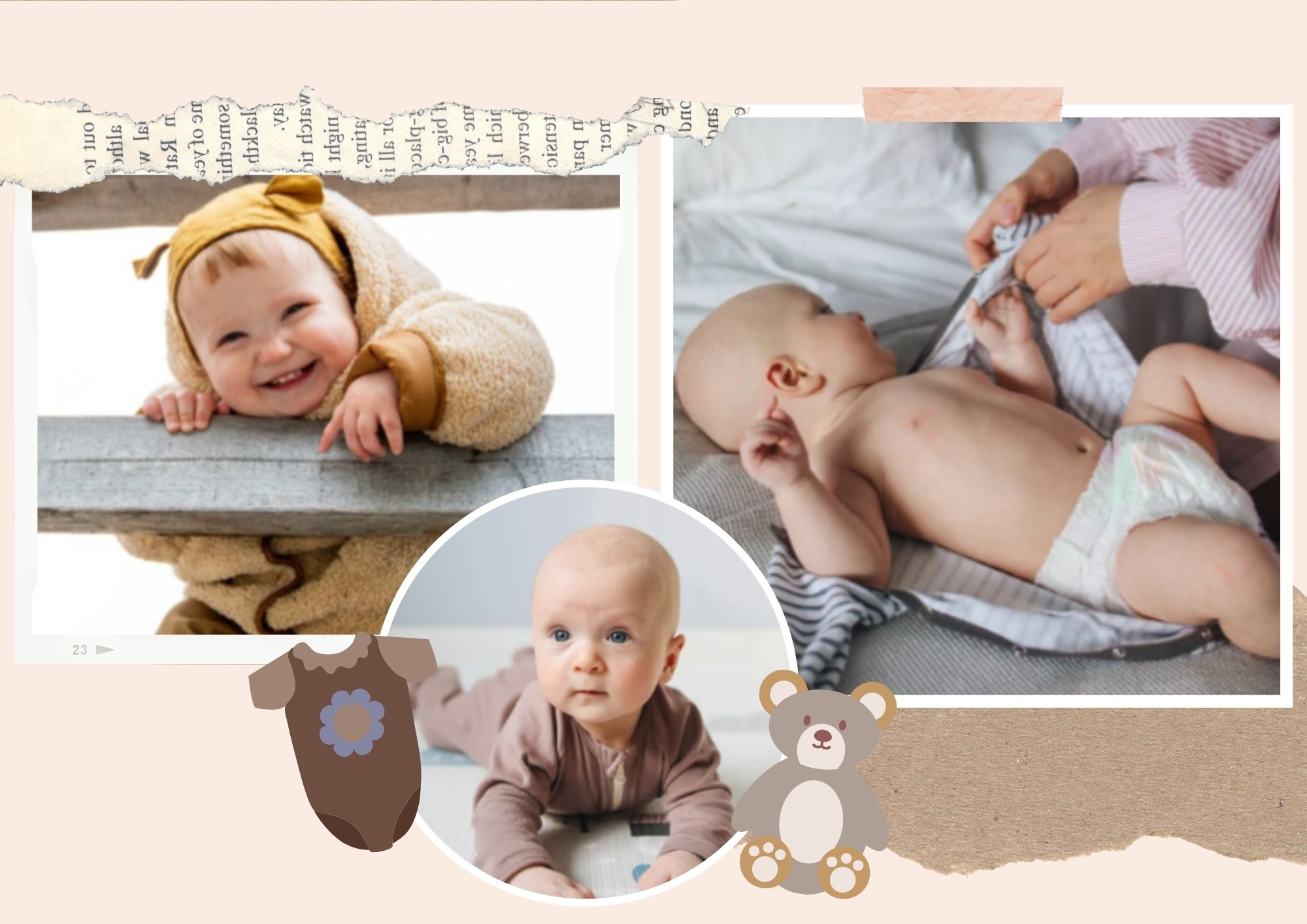 коллаж из фото улыбающегося малыша и ухода за ребёнком
