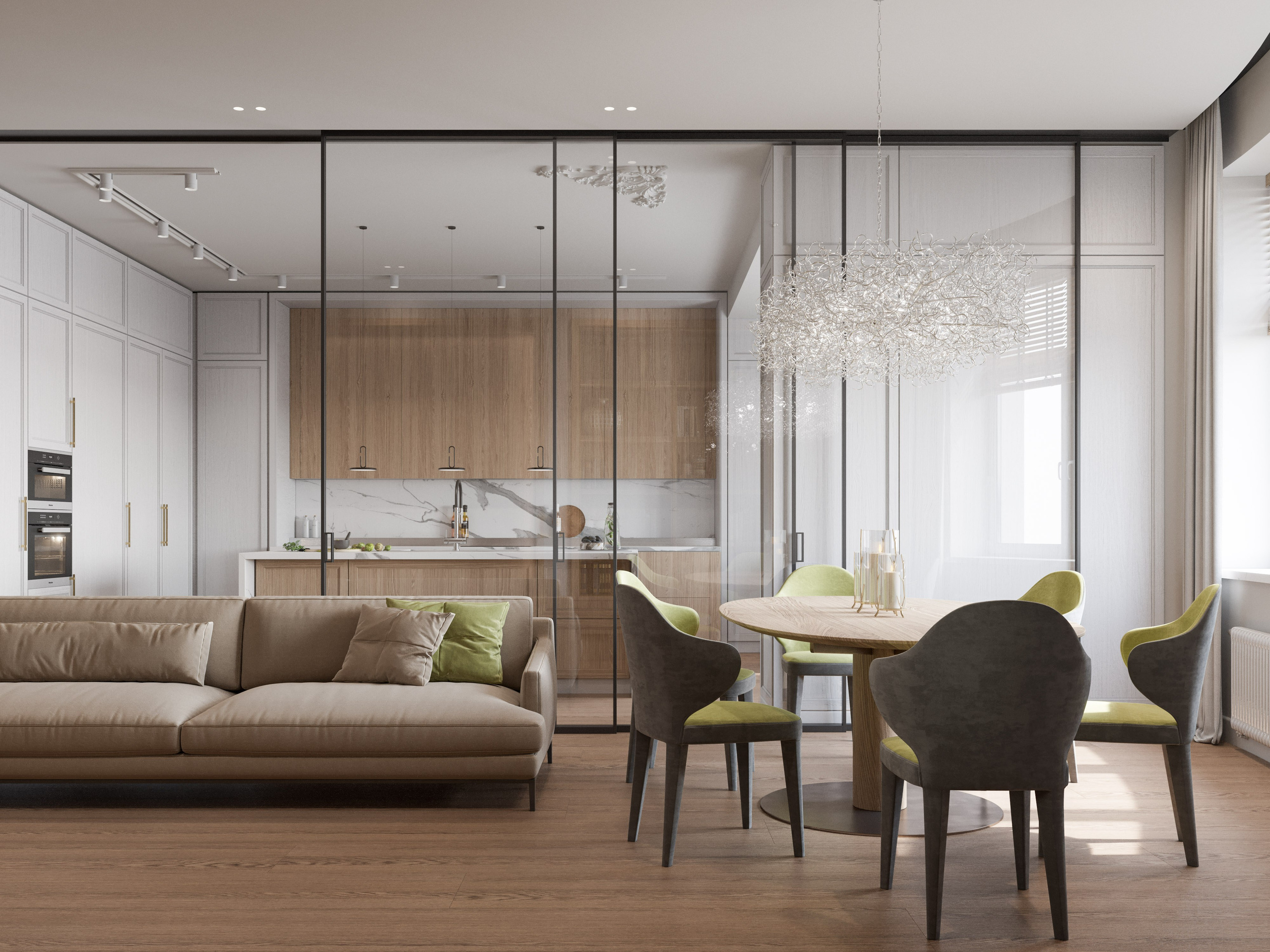 3D визуализация гостиной в стиле современная классика с молдингами и стеклянной перегородкой