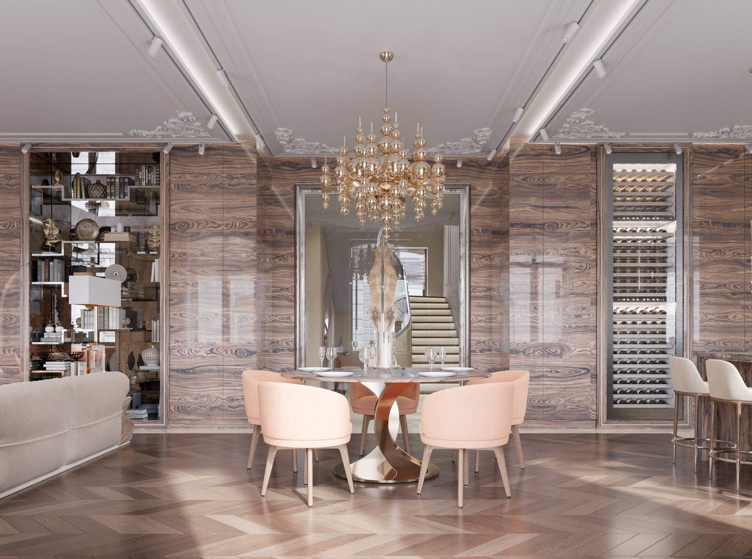 3D визуализация обеденной зоны в квартире на два этажа: мраморный стол, подвесные светильники.