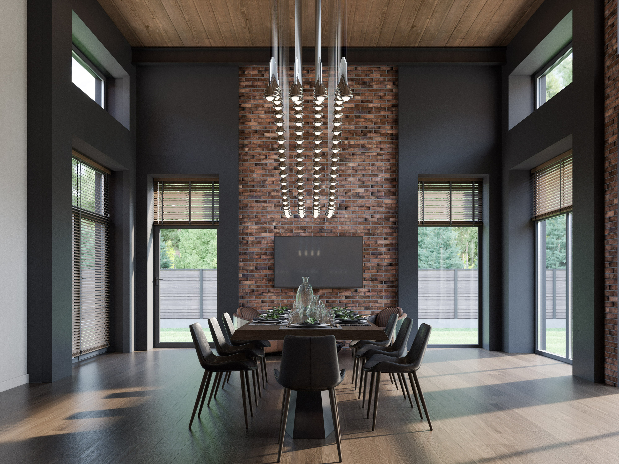 Столовая в индустриальном стиле с деревянным потолком и кирпичными стенами