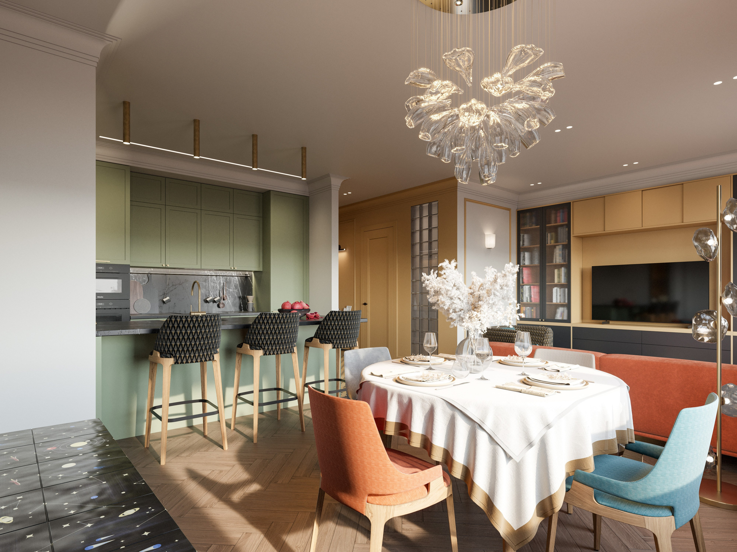 Обеденная зона с разноцветными стульями и белым столом в интерьере квартиры