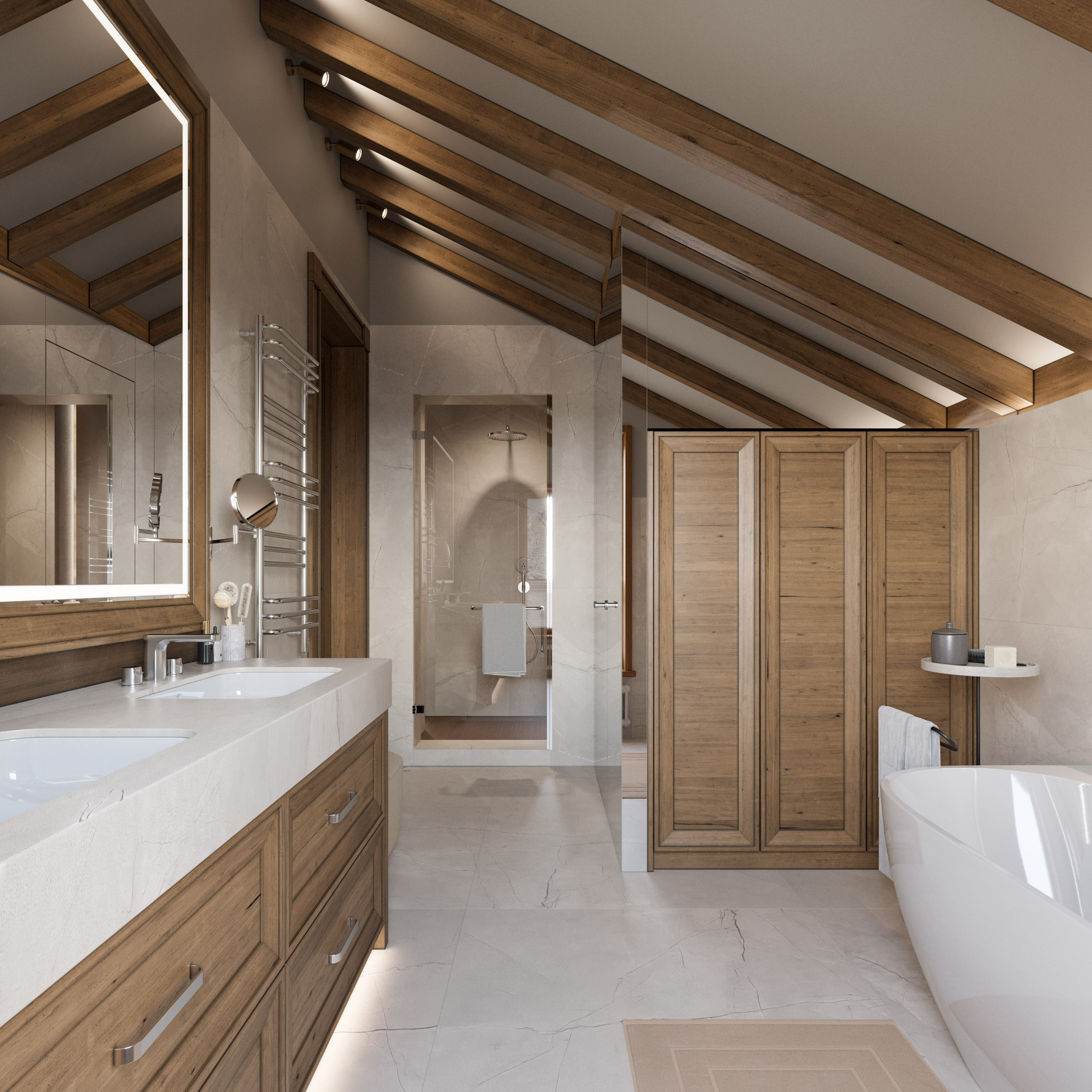 Ванная комната в срубе с отделкой из камня и дерева в современном стиле