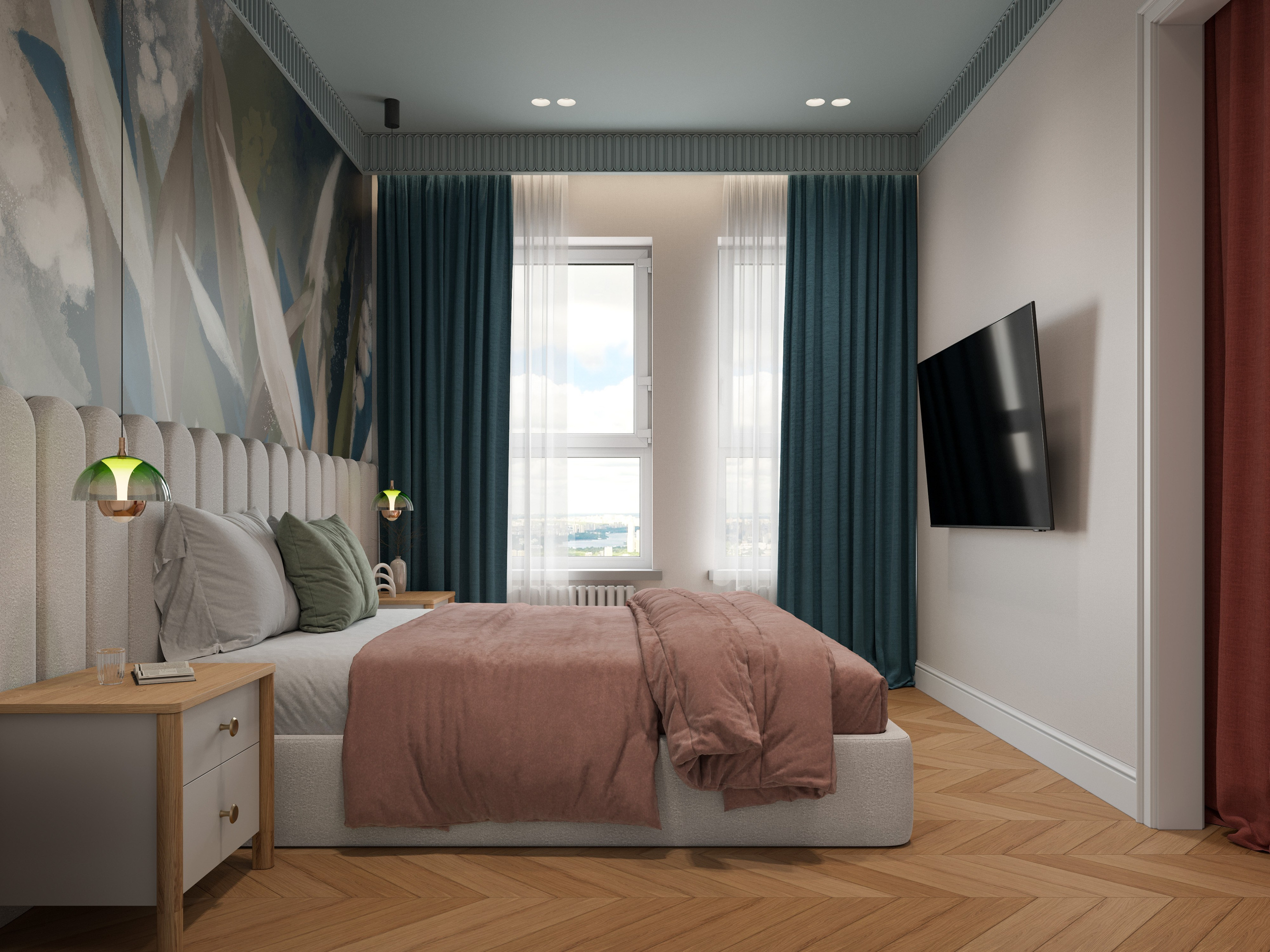 Спальня в стиле современная классика с бордовой шторой, скрывающей гардеробную - 3D рендер