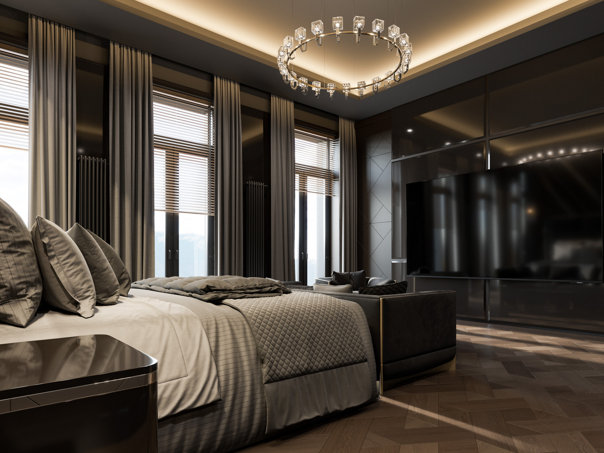 Черный диван с позолоченными ножками в мужской спальне классического стиля