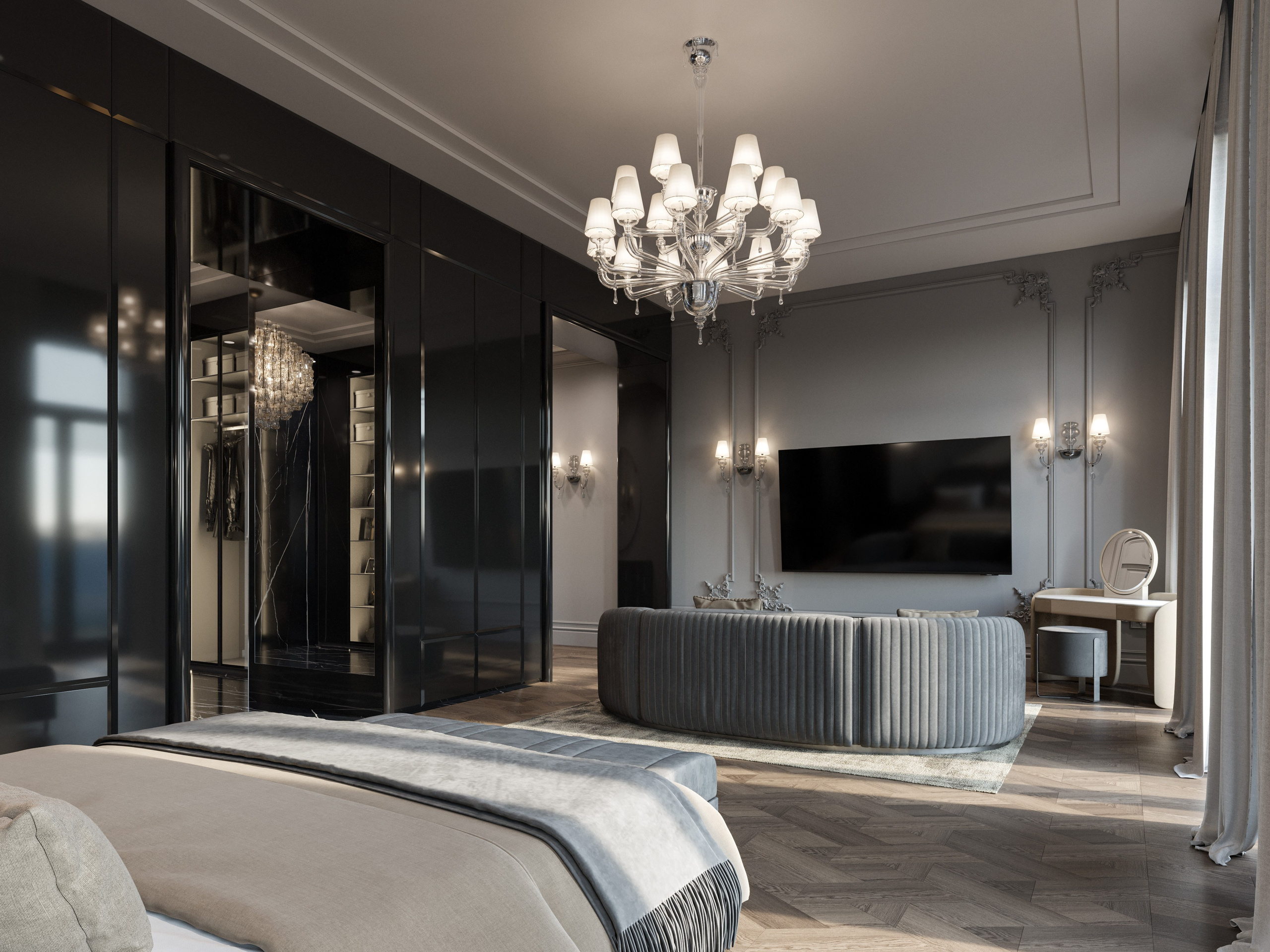 Спальная зона с серой кроватью и черными прикроватными тумбами в классическом стиле