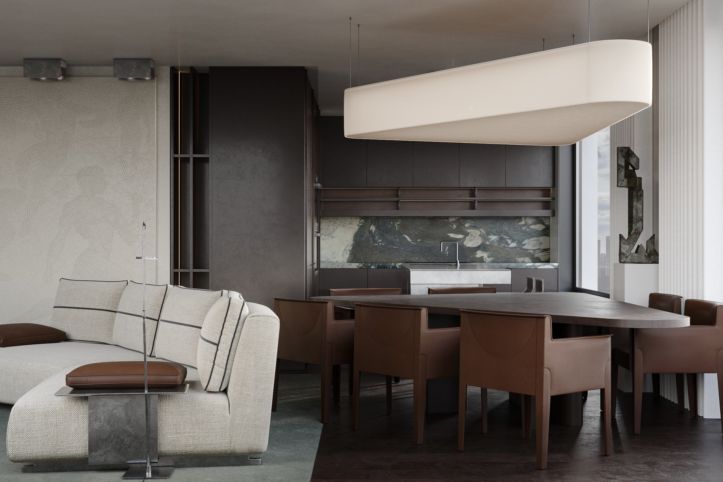 ПРОЕКТ • ЖК «ОСТРОВ» Квартира 119 м² 3D визуализация интерьера Гостиная / Living Room. Ксения. 3D‑визуализатор