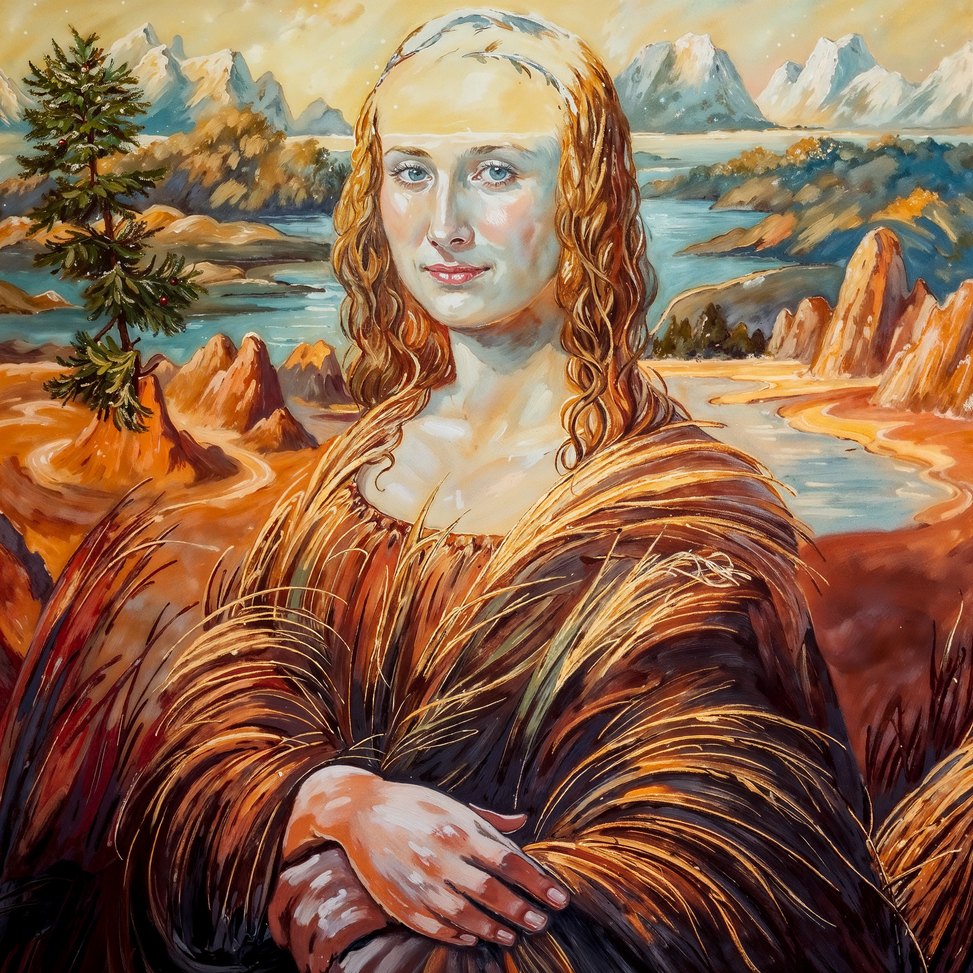 Мона Лиза, изображённая с волосами и платьем из пшеничных колосьев на фоне горного пейзажа — цифровая адаптация по мотивам Олега Шупляка, в стиле оптической иллюзии.