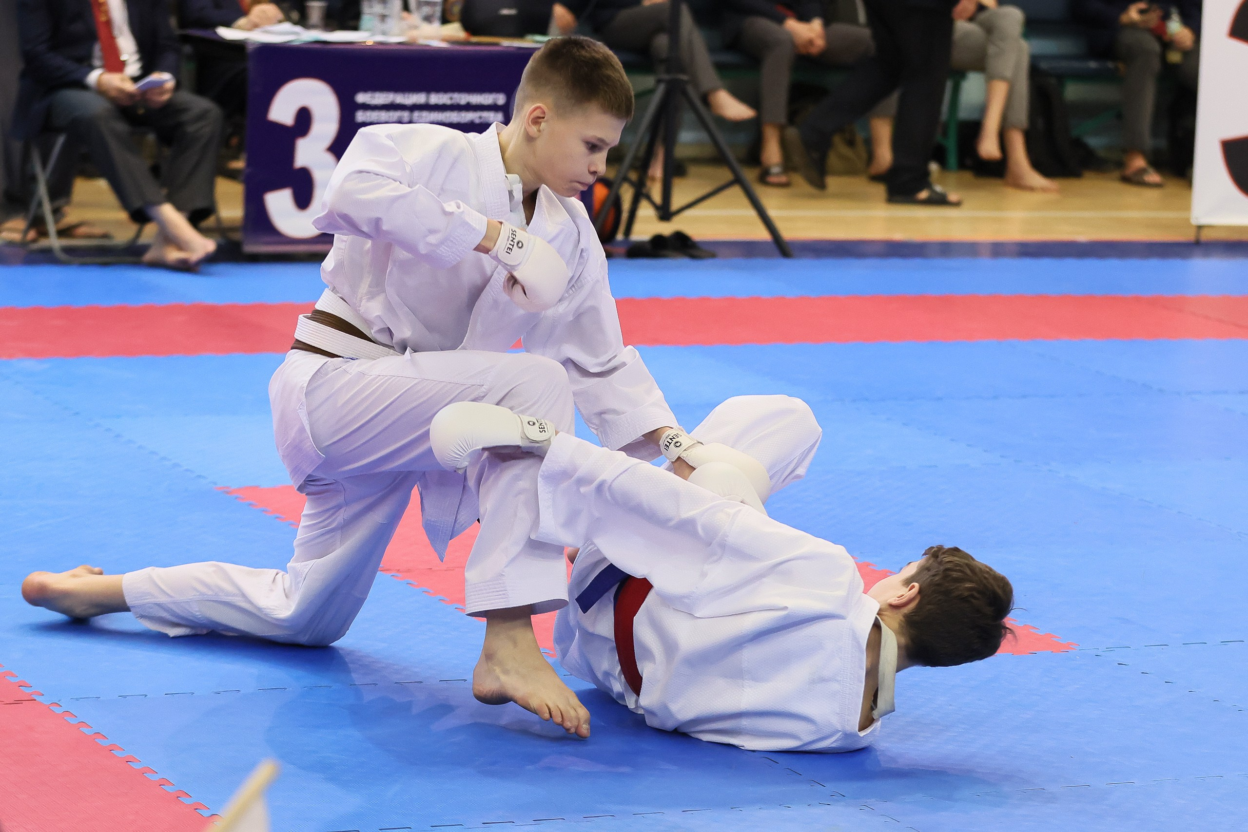 Каратист наносит завершающий удар в поединке кумите