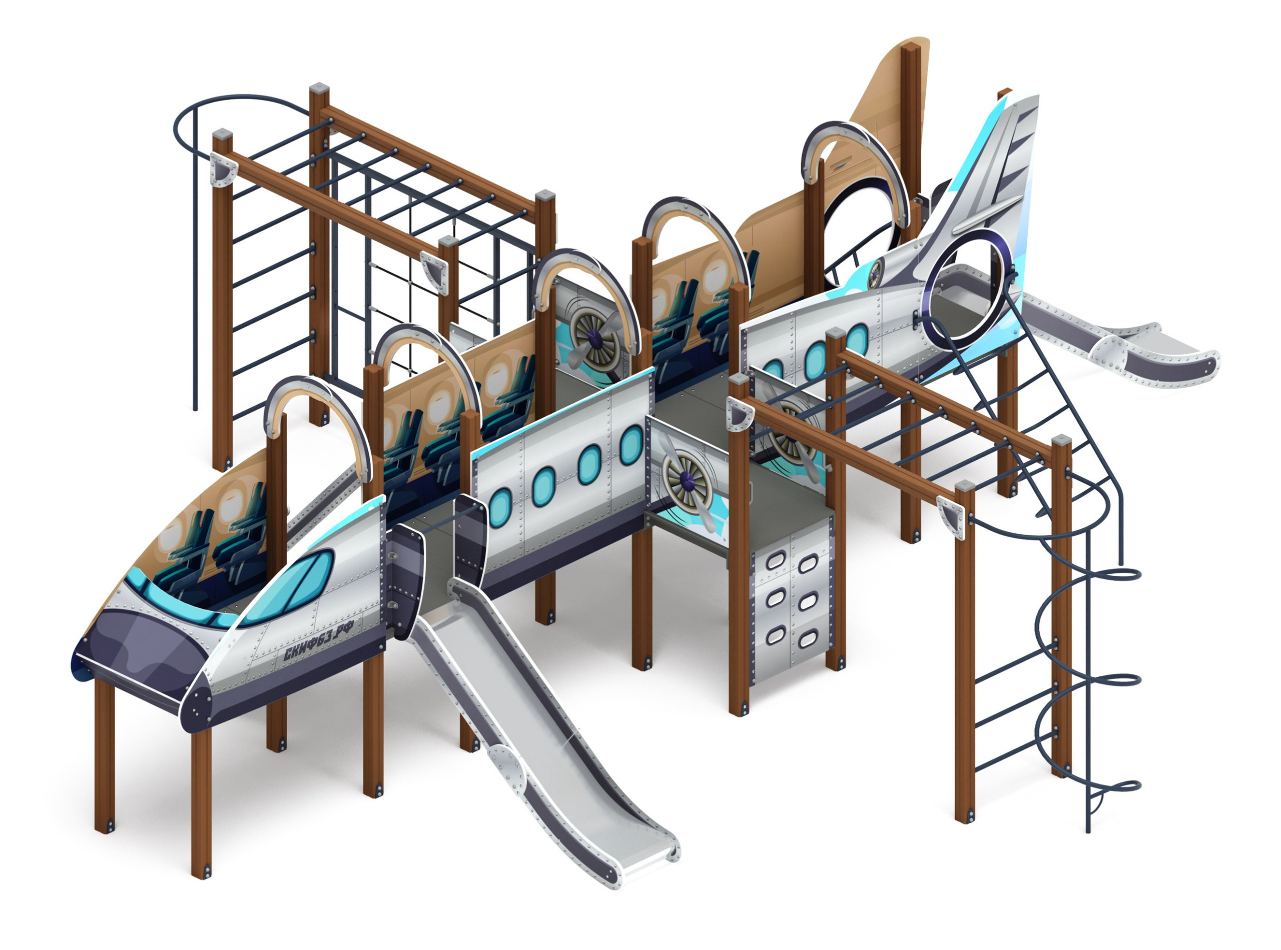 Аэроплан (Техно) - ДИК 2.03.4.04-01 - Игровой комплекс Н=1200                                                                                                  Габариты (ШхДхВ): 8660x9920x3030                                                                                                                                                                     Зона безопасности, мм: 11660х13420                                                                                                                                                                      Скат горки: H=1200 (металлический скат)