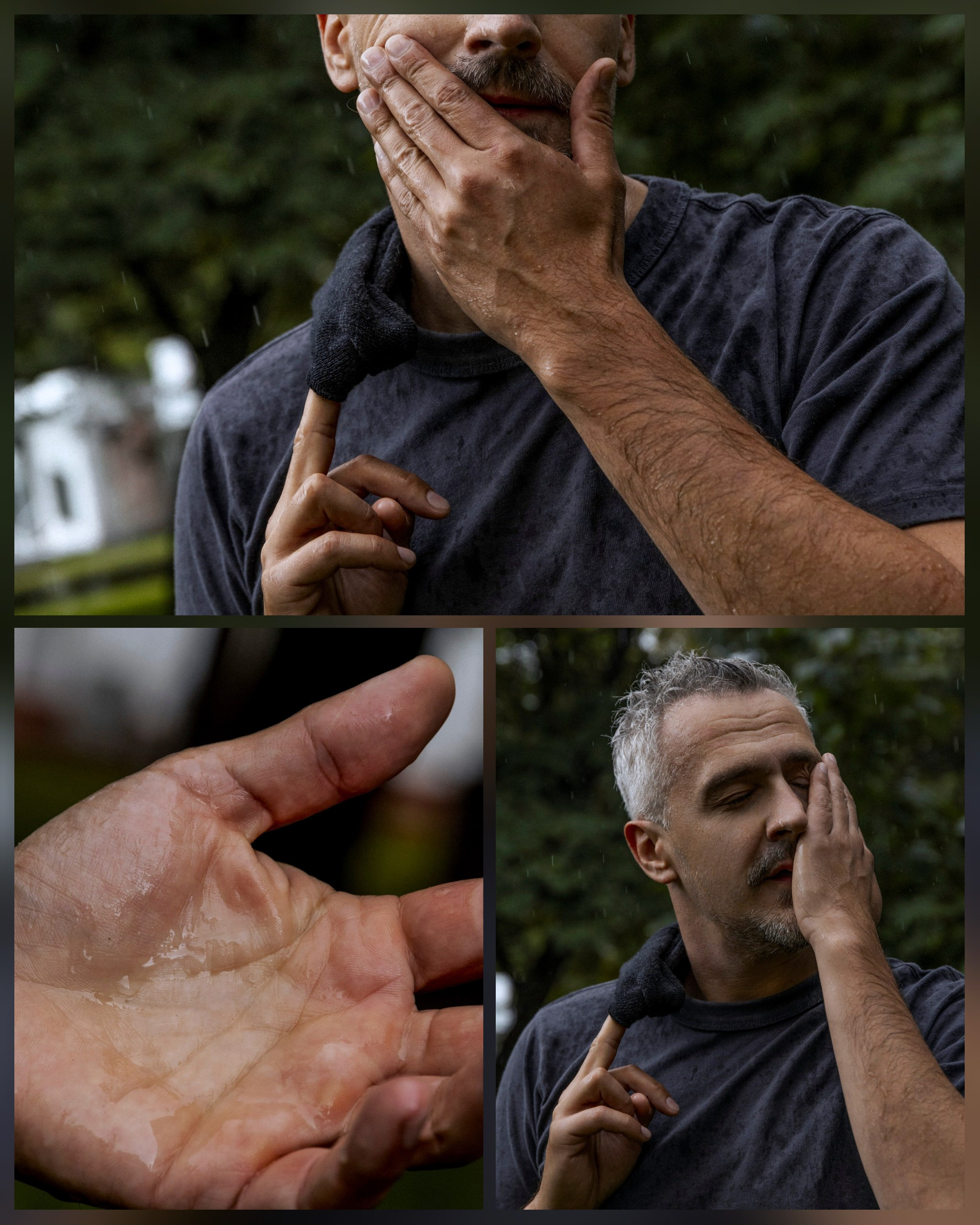 портрет мужчины под дождем, рука с каплями дождя