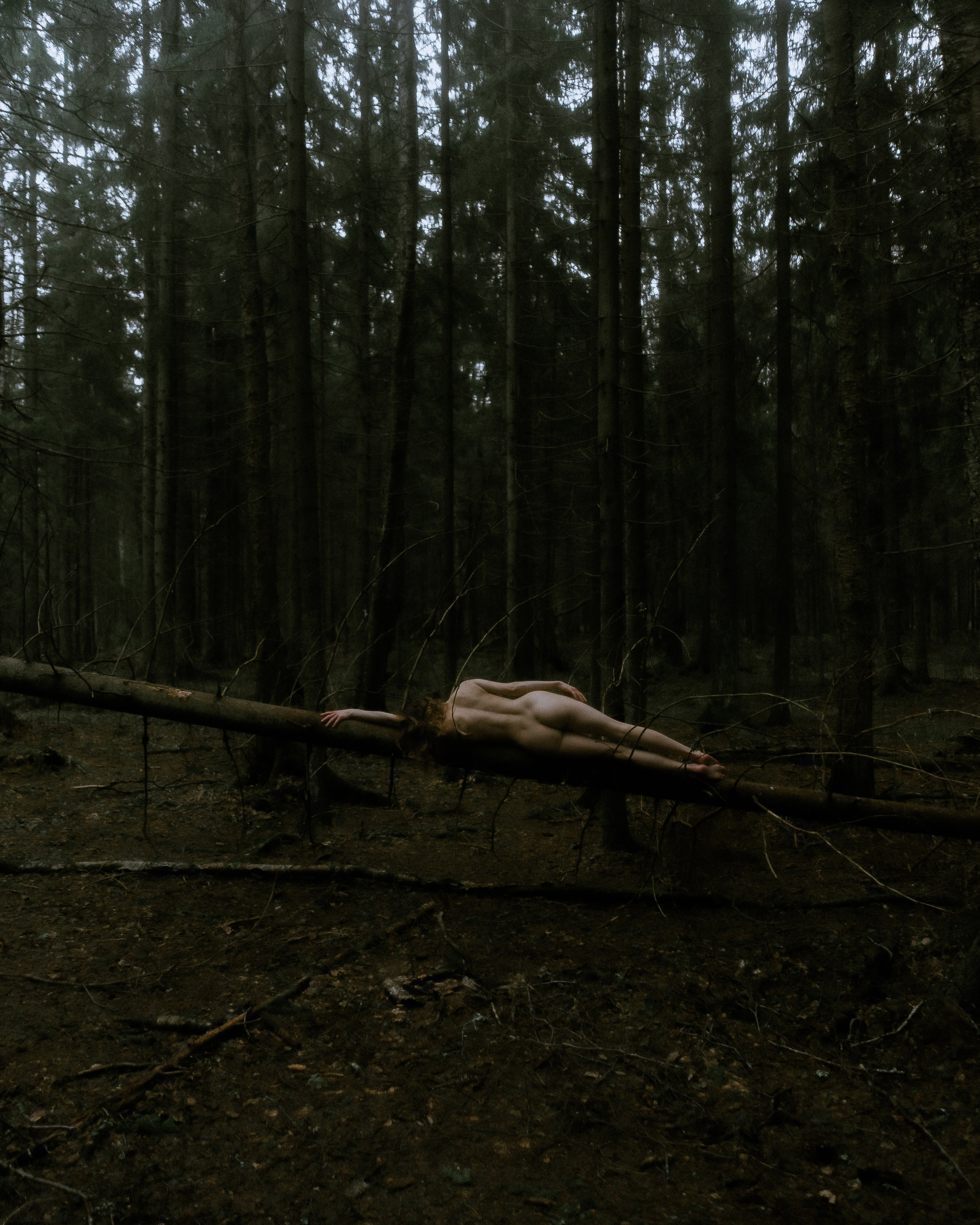 Изгиб тела среди деревьев, будуарная съёмка на природе, тёмная обработка
