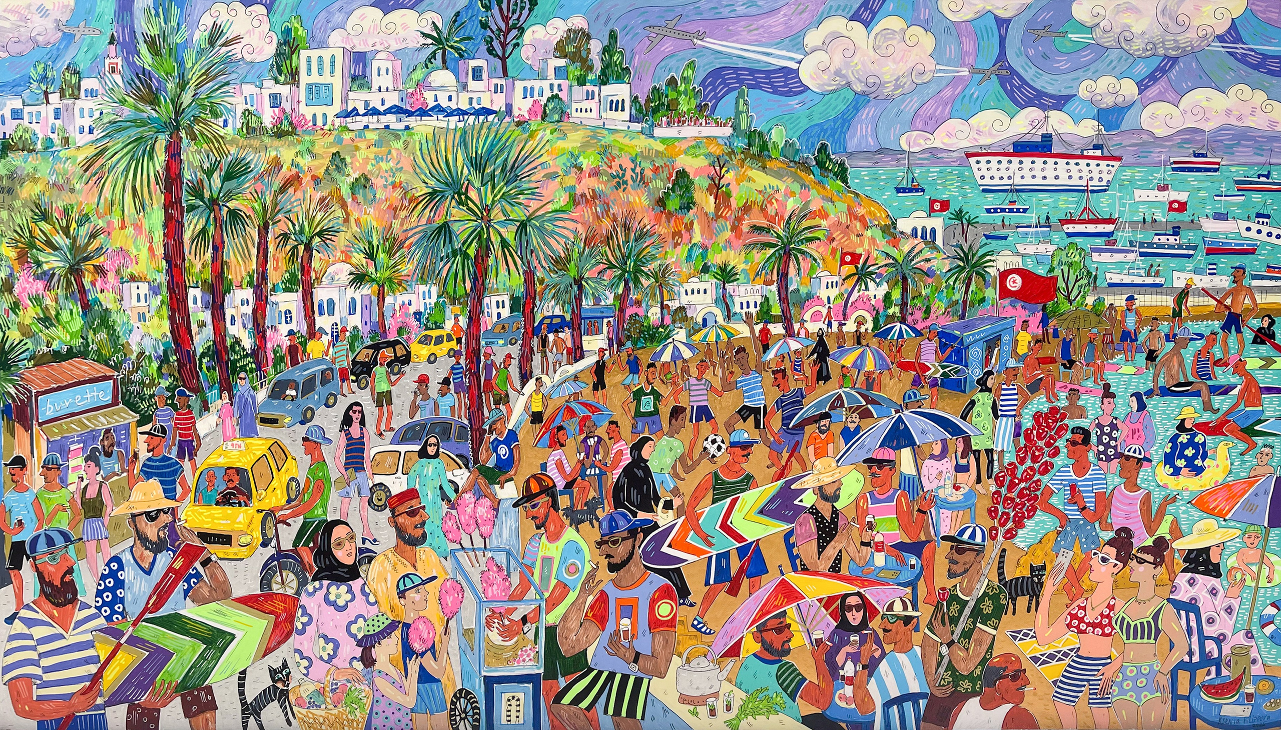 Sidi Bou Saïd Beach in July, acrylic, acrylic markers and ink on canvas, 55 × 95 cm, 2025