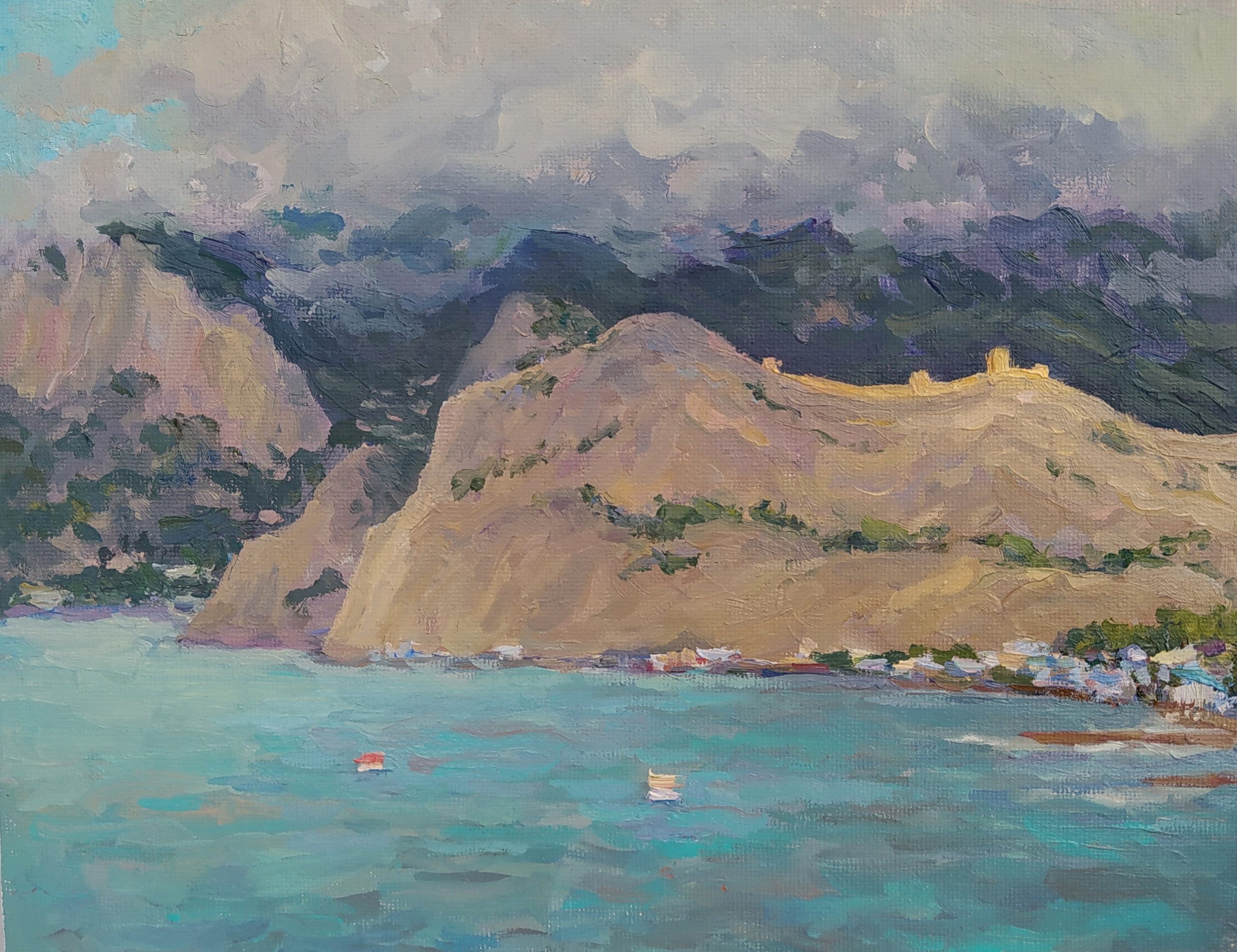 Судак в Крыму, вид на Генуэзскую крепость с моря и тучи - Крымский пейзаж, картина, живопись