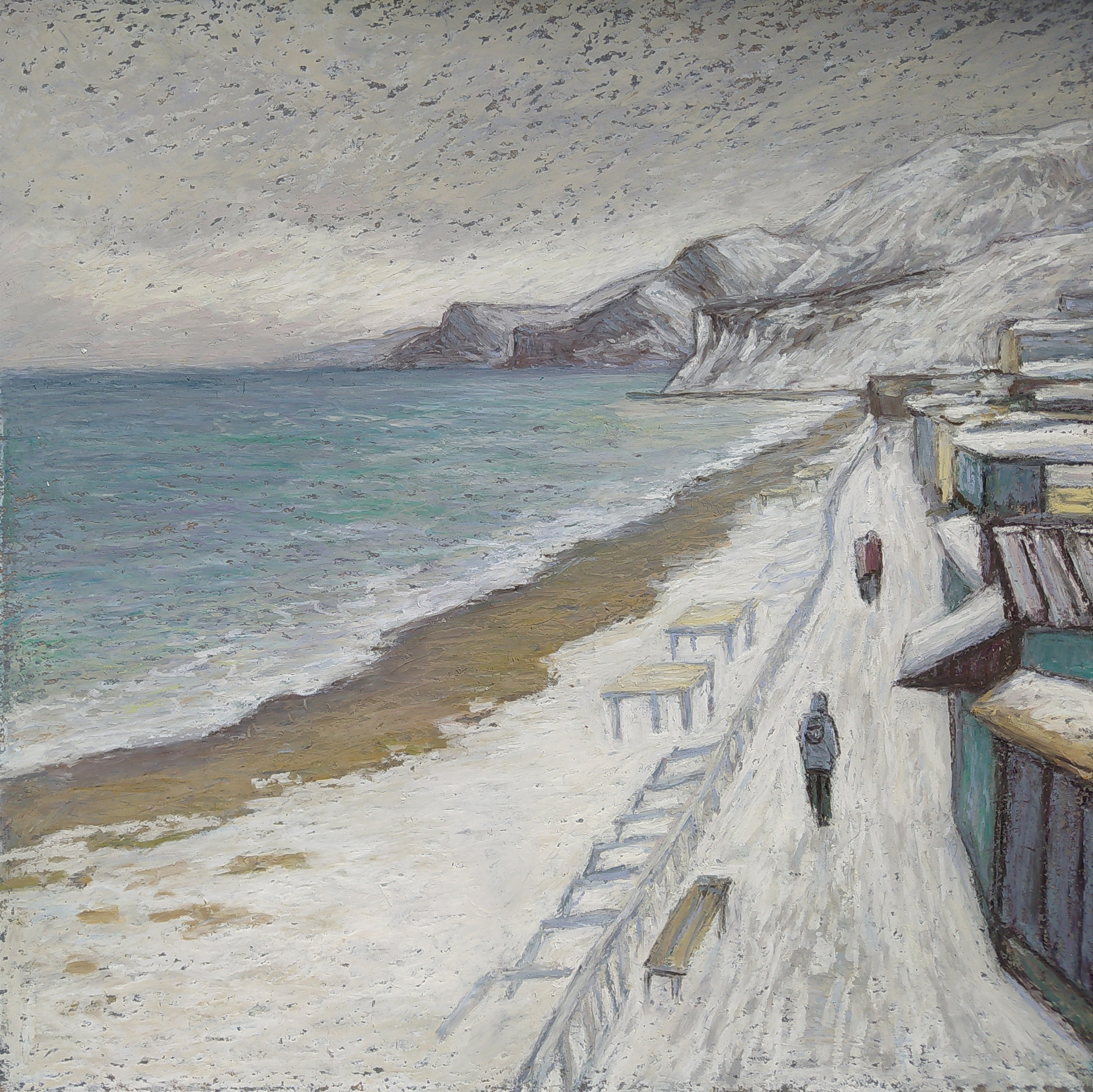 Пейзаж масляной пастелью, рисунок - Зимнее побережье, набережная в снегу