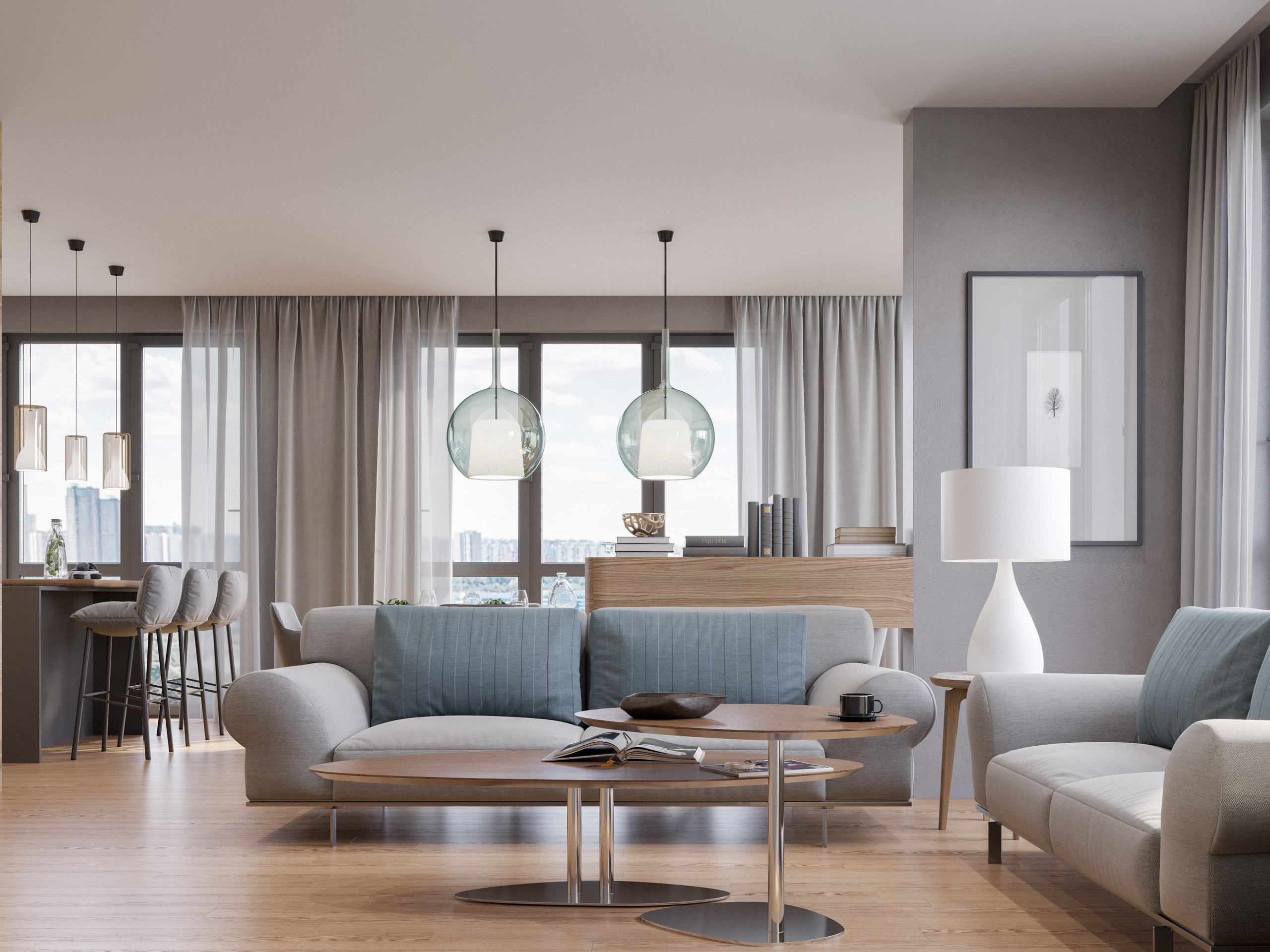 ТВ-зона в квартире: деревянная консоль, минималистичная полка и точечное освещение