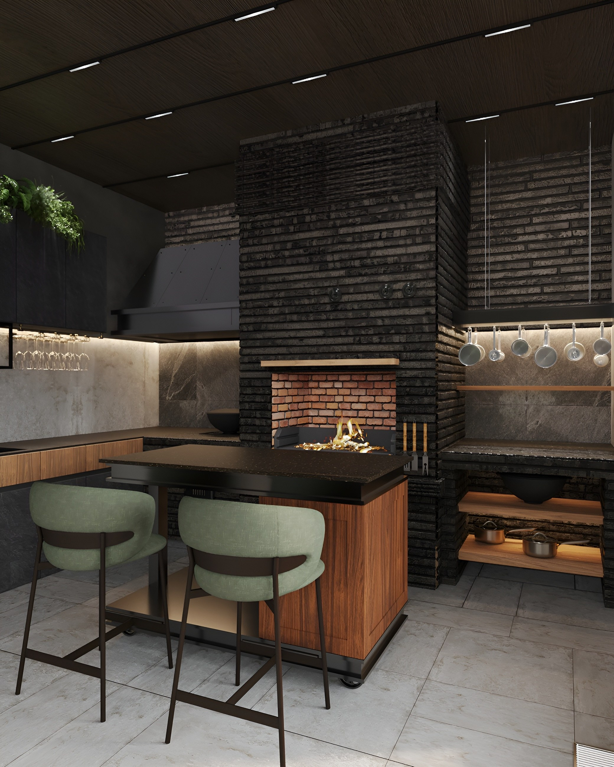 Терраса в загородном доме с камином. 3D Визуализация интерьеров жилых и коммерческих помещений