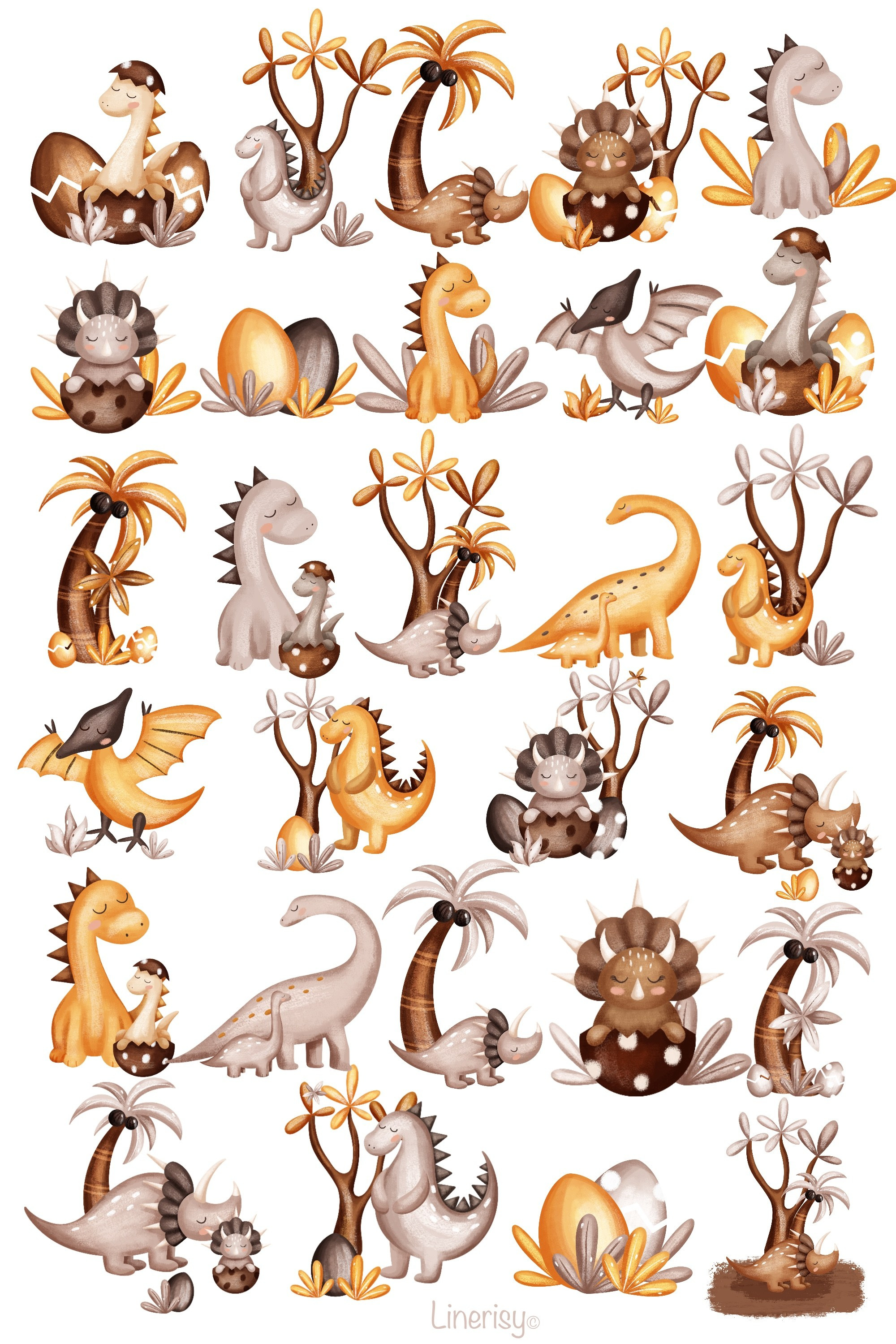 Коллекция «Милые динозавры» — графические иллюстрации, композиции, постеры и бесшовные паттерны. Художник-иллюстратор Евгения Бекренёва