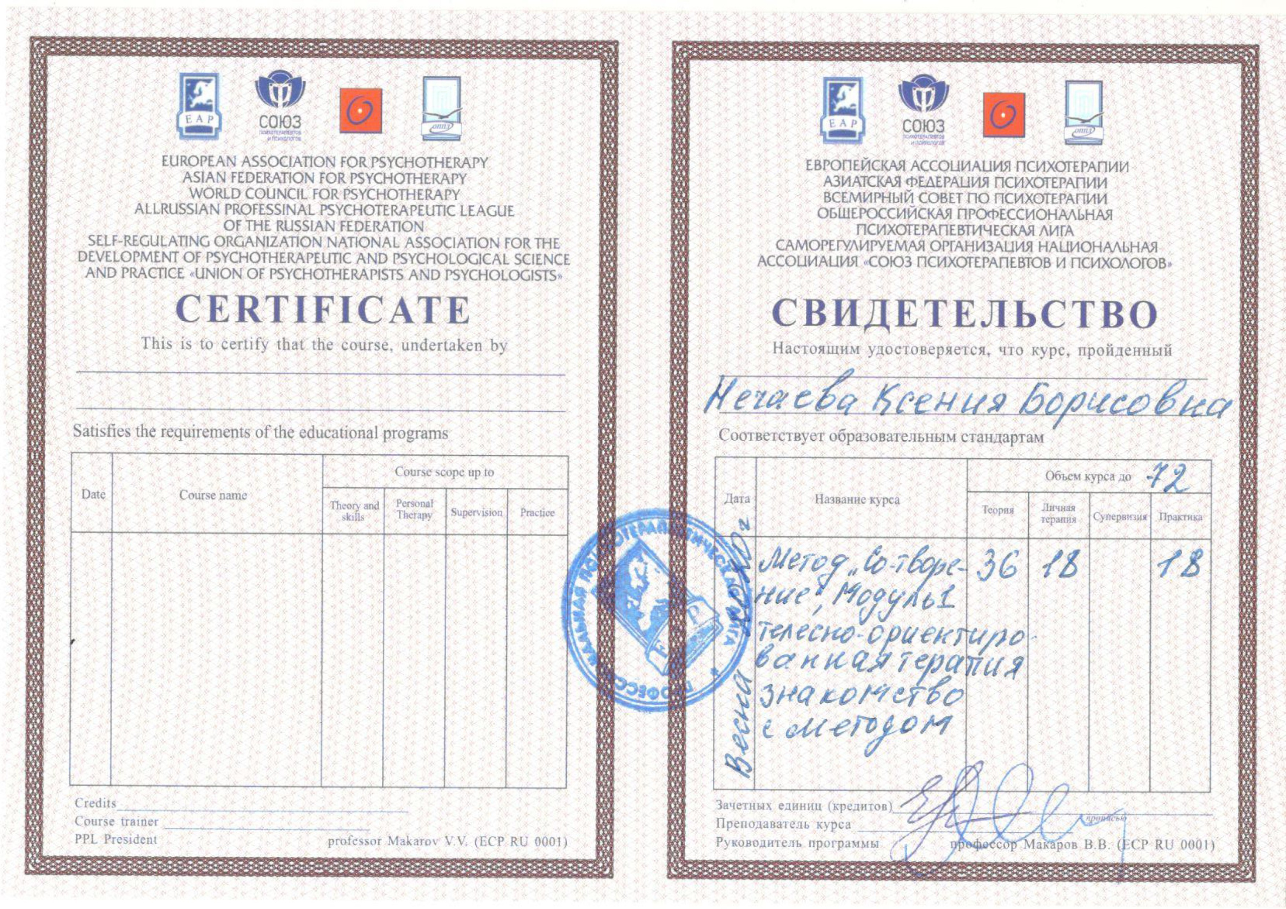 Сертификаты. Клинический психолог Ксения Нечаева