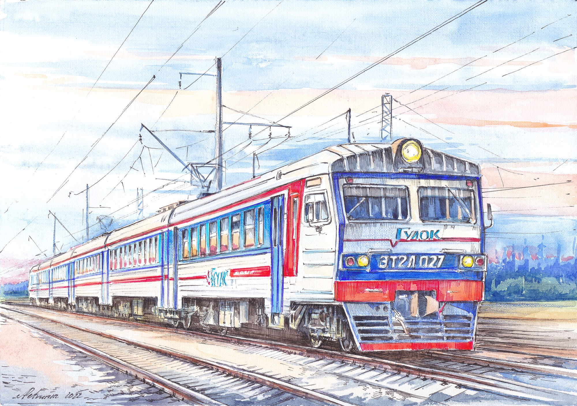 Пригородные поезда. Художник Александр Петрунин
