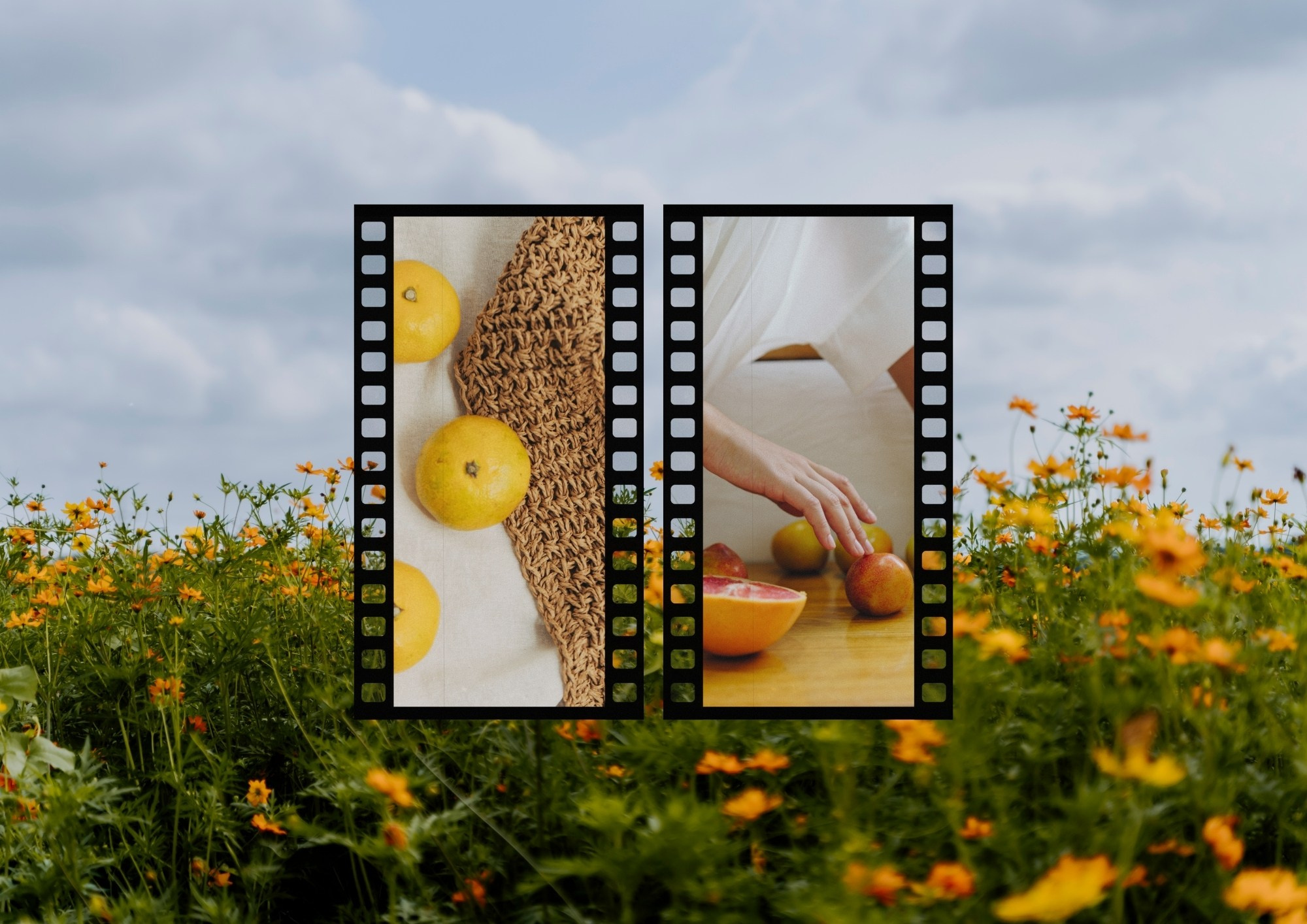 Натюрморт с лимонами и вязаной сумкой на фоне цветущего поля