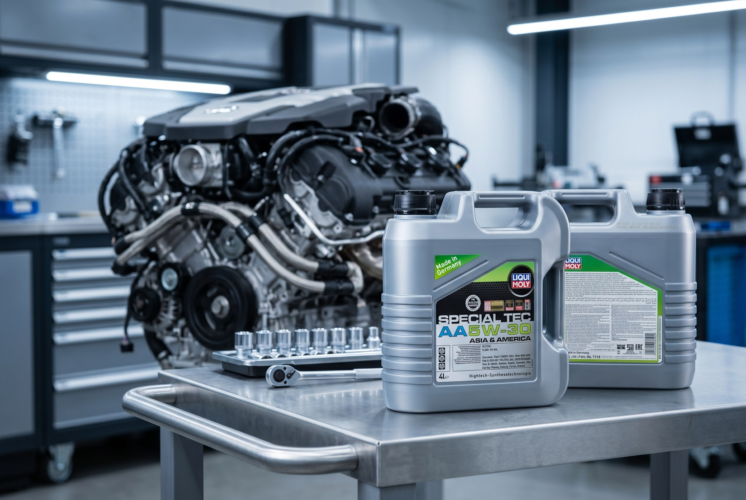 AI генерация рекламного изображения моторного масла LIQUI MOLY на основе предметной фотосъёмки, интеграция канистры в среду автомобильного двигателя, визуал для брендов и рекламы, фотограф Ринат Каримов, Алматы